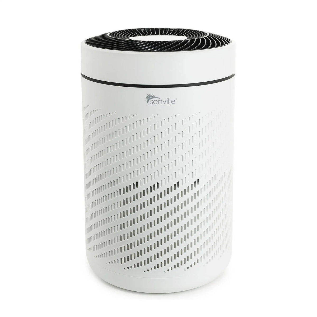 White cylindrical air purifier with black top grille