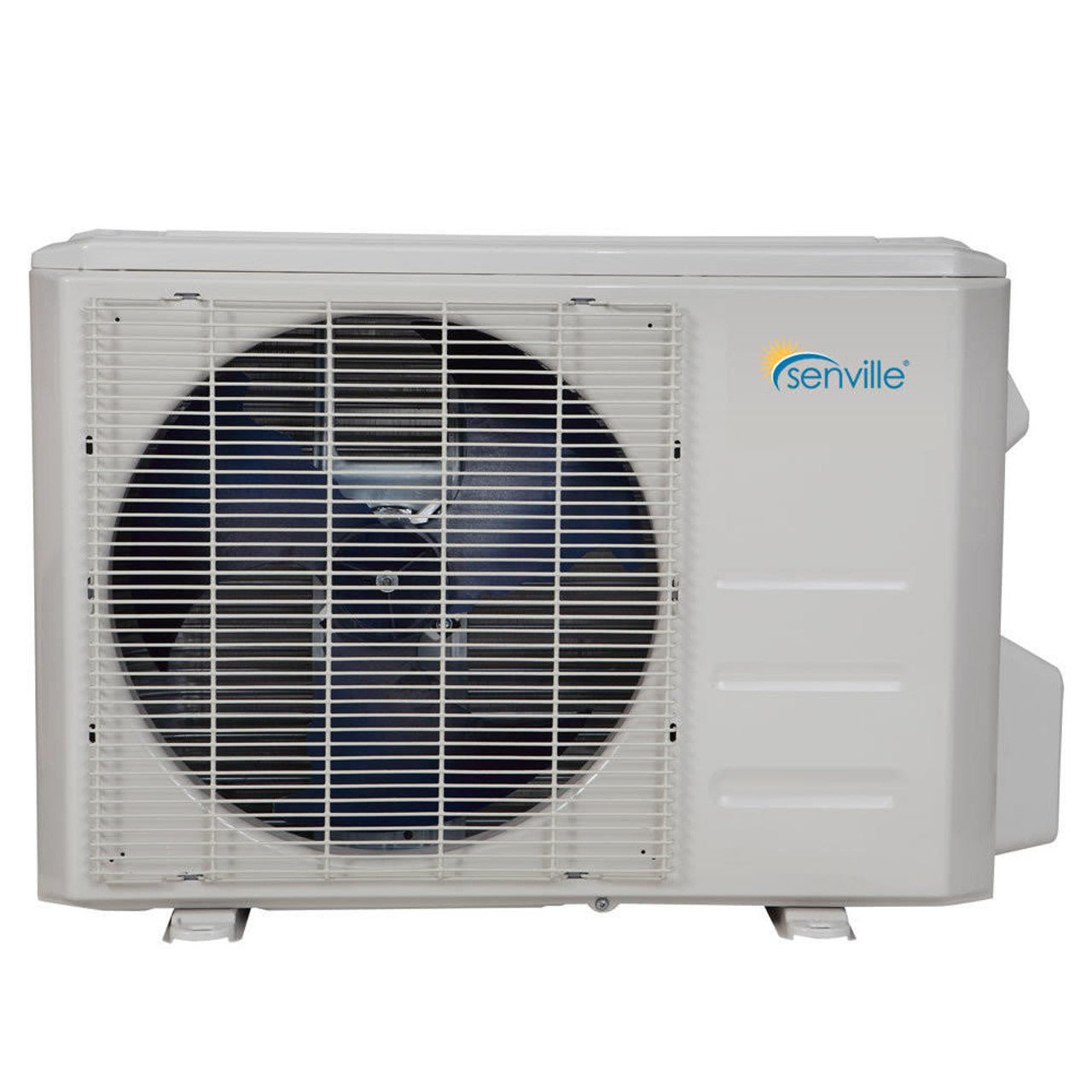 Mini split heat pump condenser unit, white housing with circular fan grille