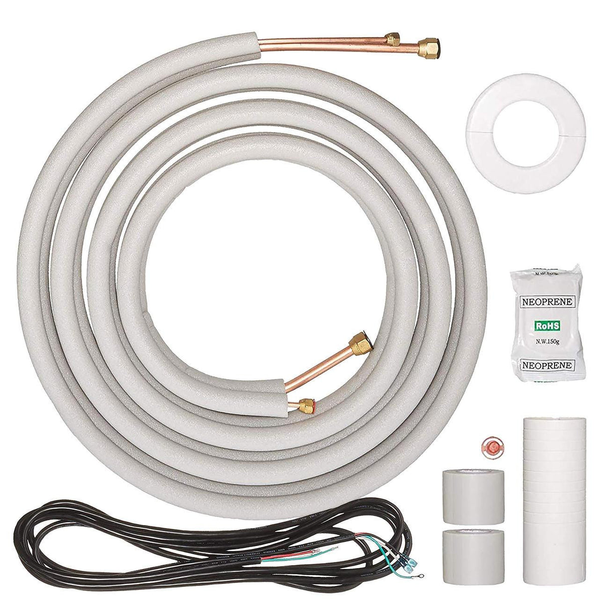Coiled insulated refrigerant line set with fittings and wrap accessories