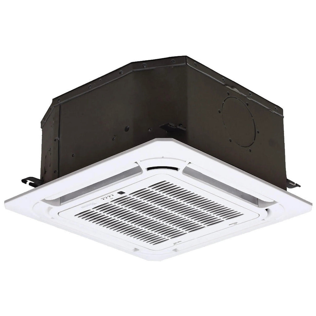White ceiling cassette air handler with vented grille and dark mounting panel