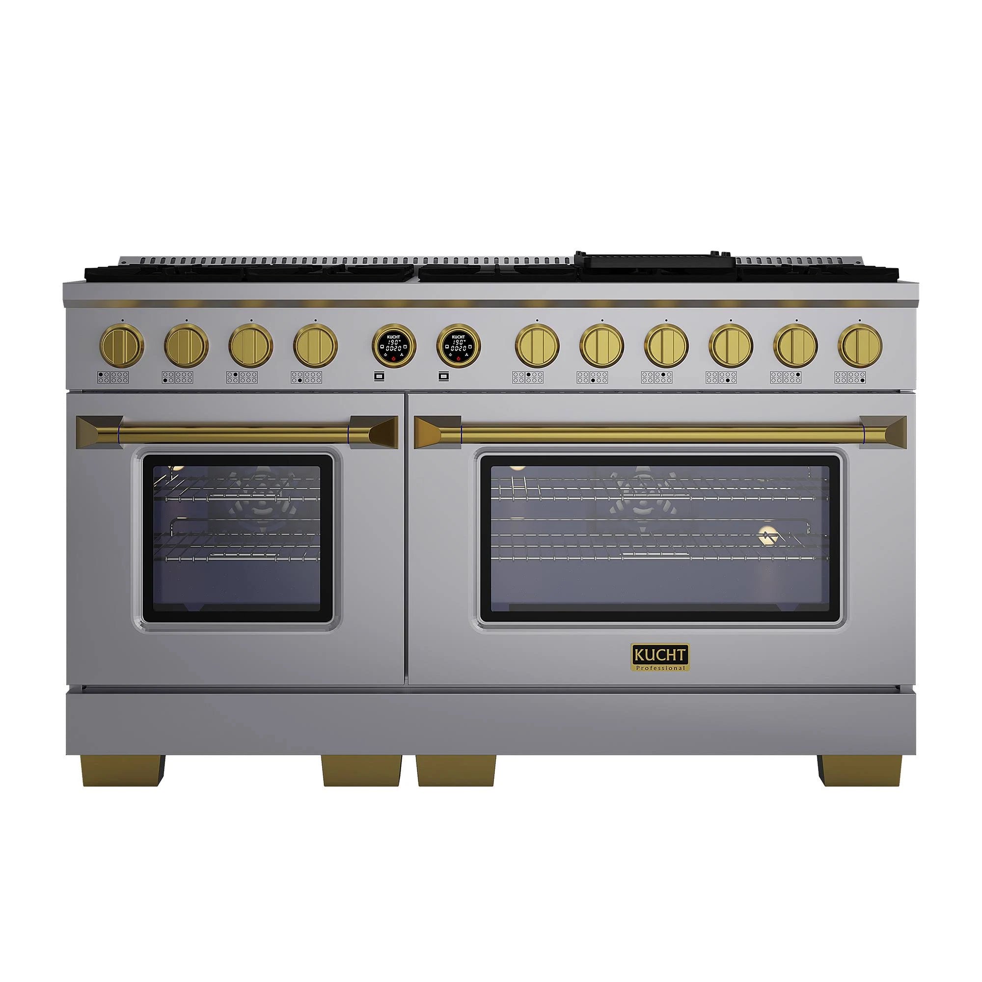 Stainless steel dual fuel range with two oven doors, gold accents, and burner control row