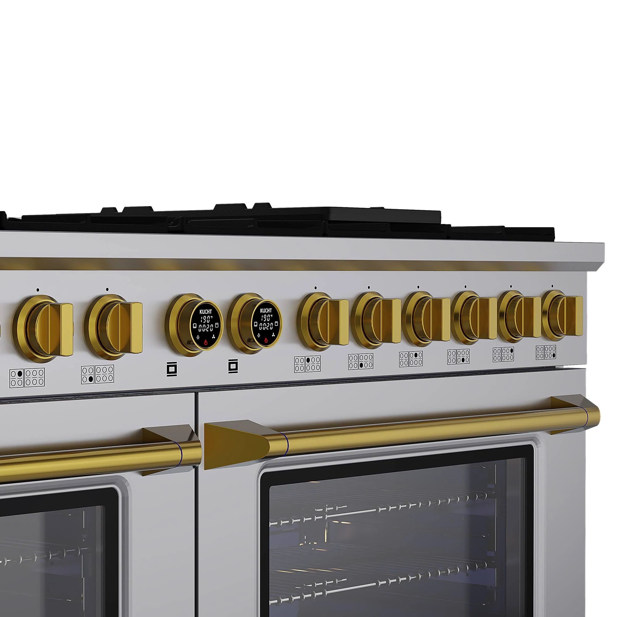 Control panel with gold knobs and stainless steel dual oven doors on dual fuel range