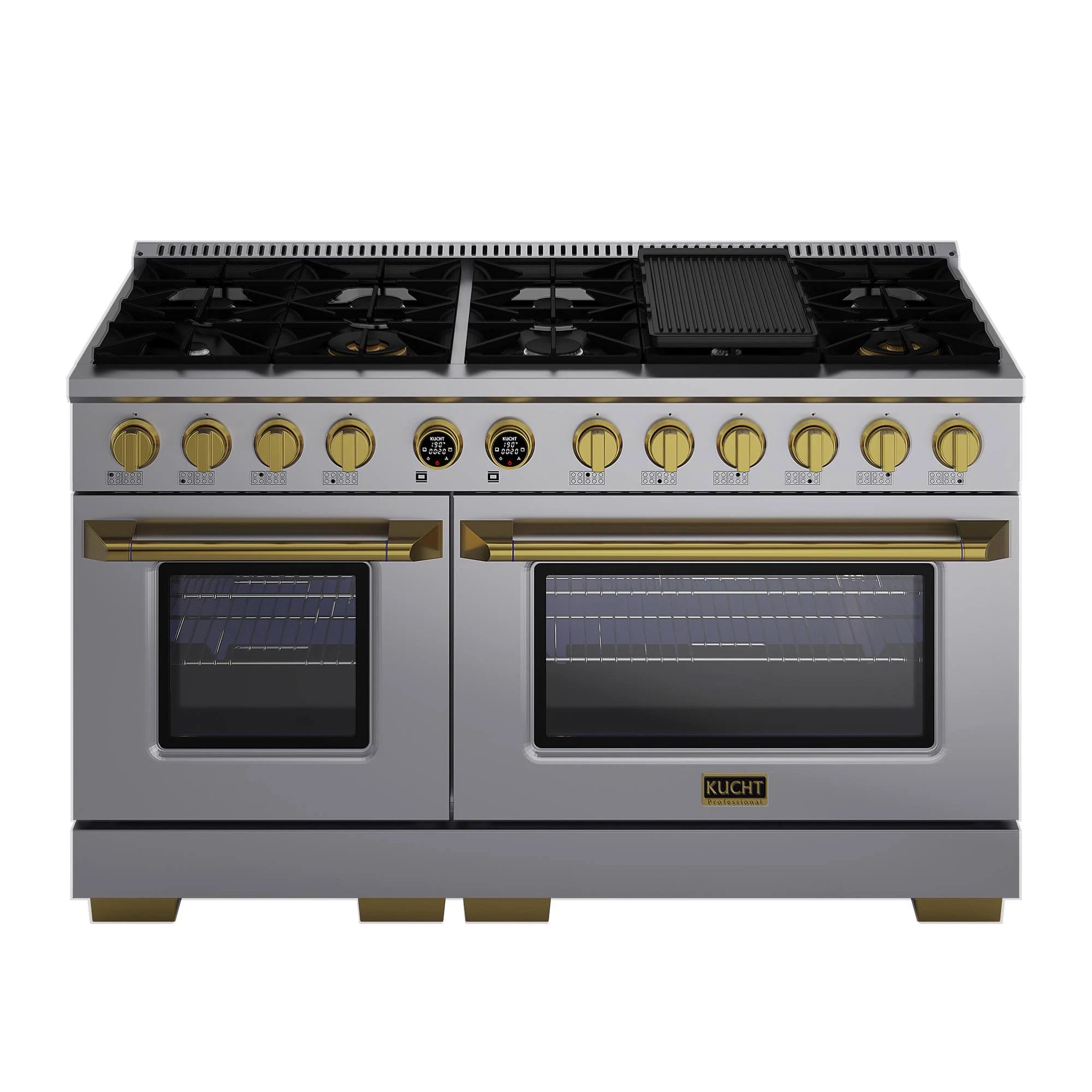 Stainless steel 8-burner dual fuel range with two electric oven doors and gold accents
