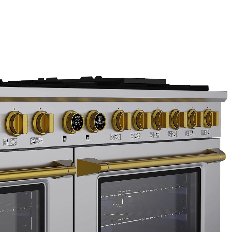 Kucht Horus 60-Inch Dual Fuel Range in Propane Gas with  8.4 cu. ft. Electric Oven & 8 Gas Burners in Stainless Steel with Gold Accents & Digital Thermostat (KXP60-GL/LP)