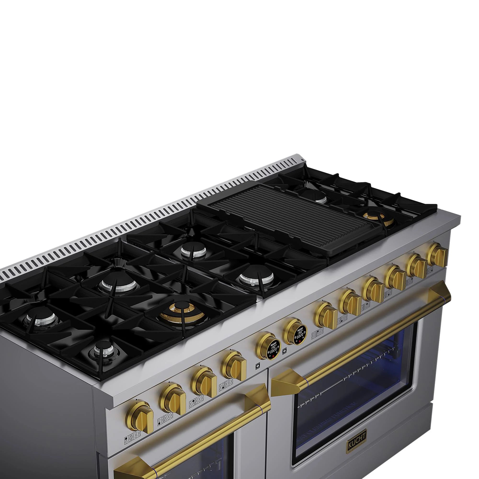 Stainless steel gas cooktop with black grates, burner rings, and gold control accents