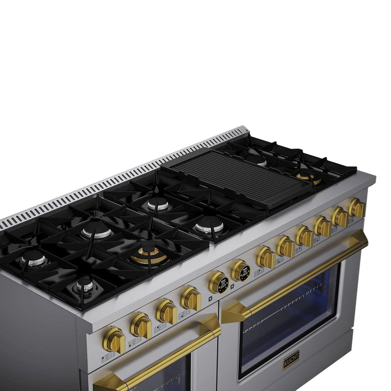 Kucht Horus 60-Inch Dual Fuel Range in Propane Gas with  8.4 cu. ft. Electric Oven & 8 Gas Burners in Stainless Steel with Gold Accents & Digital Thermostat (KXP60-GL/LP)