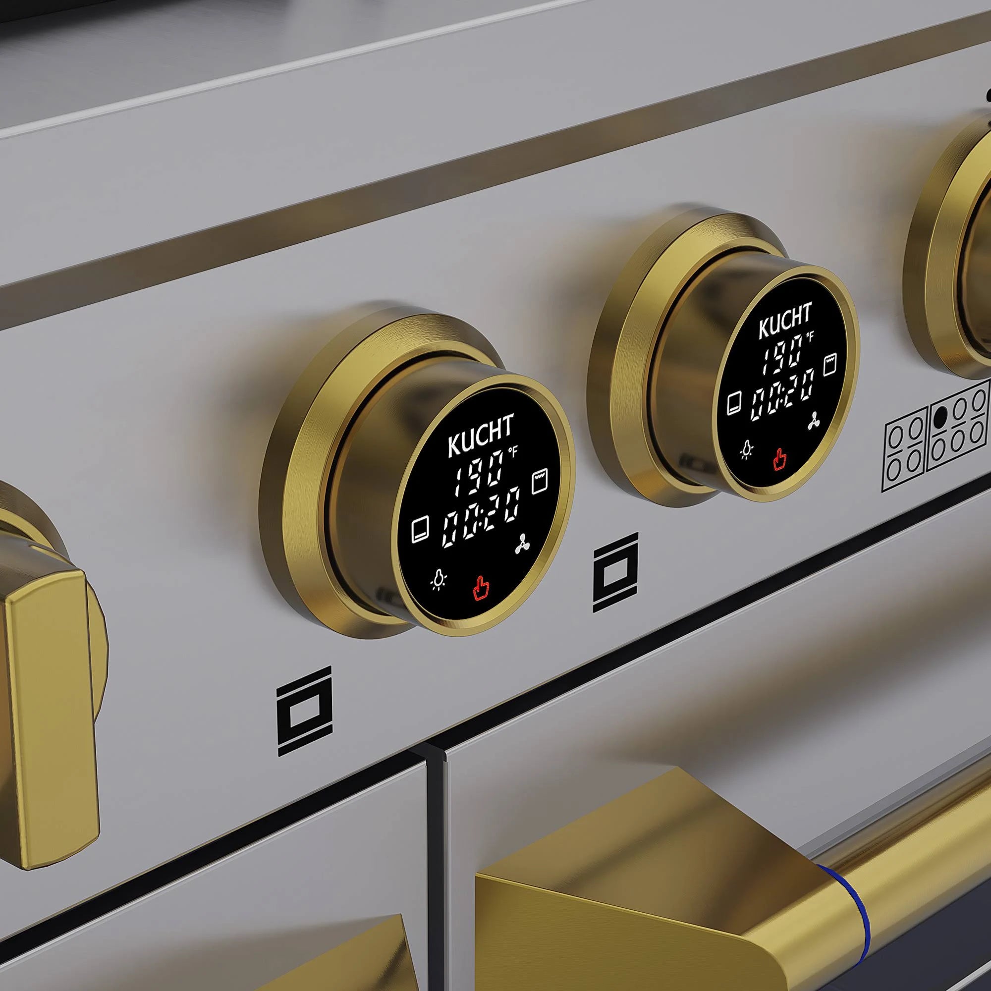 Gold control dials and digital thermostat screens on stainless steel range front