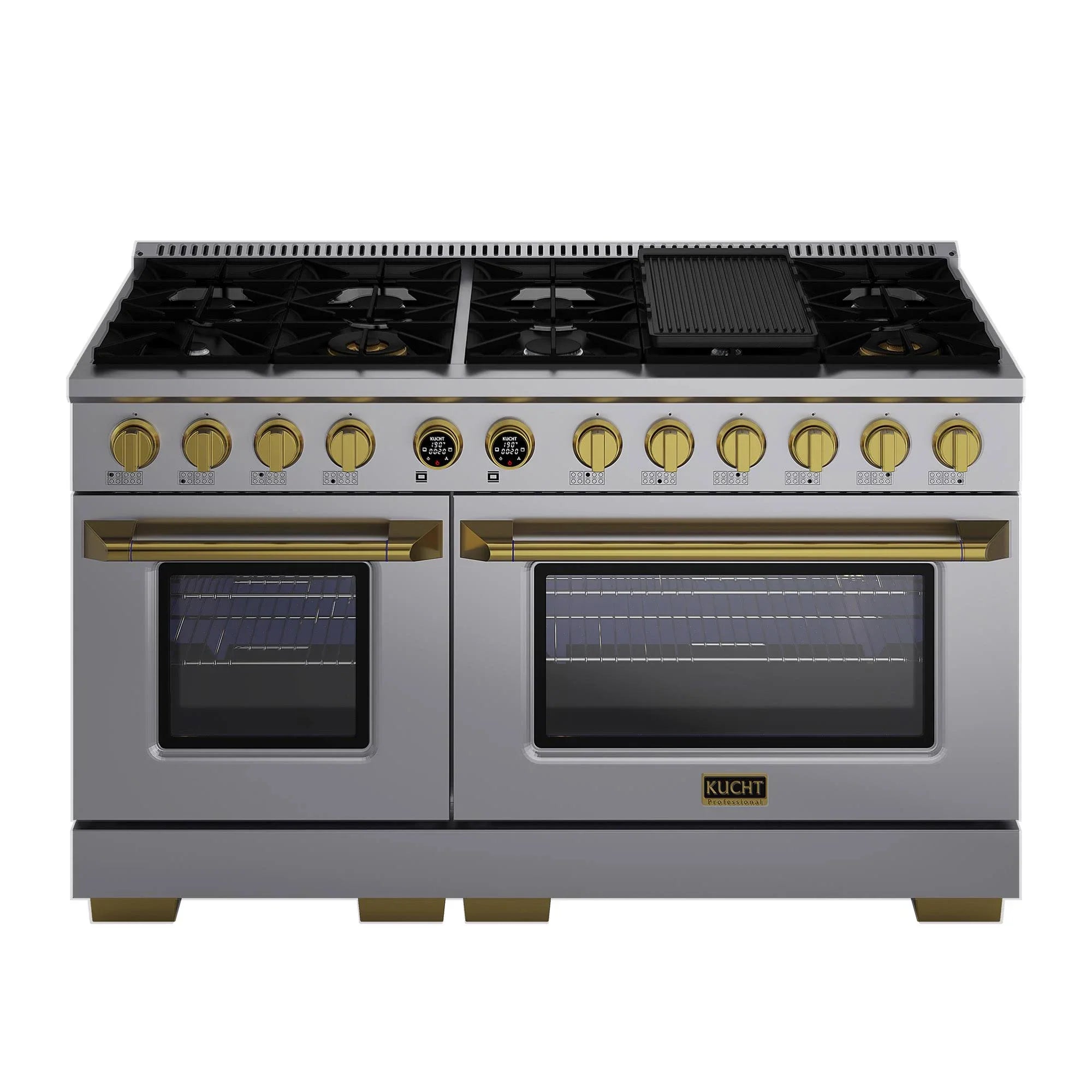 Stainless steel dual fuel range with black grates, gold knobs, and two oven doors