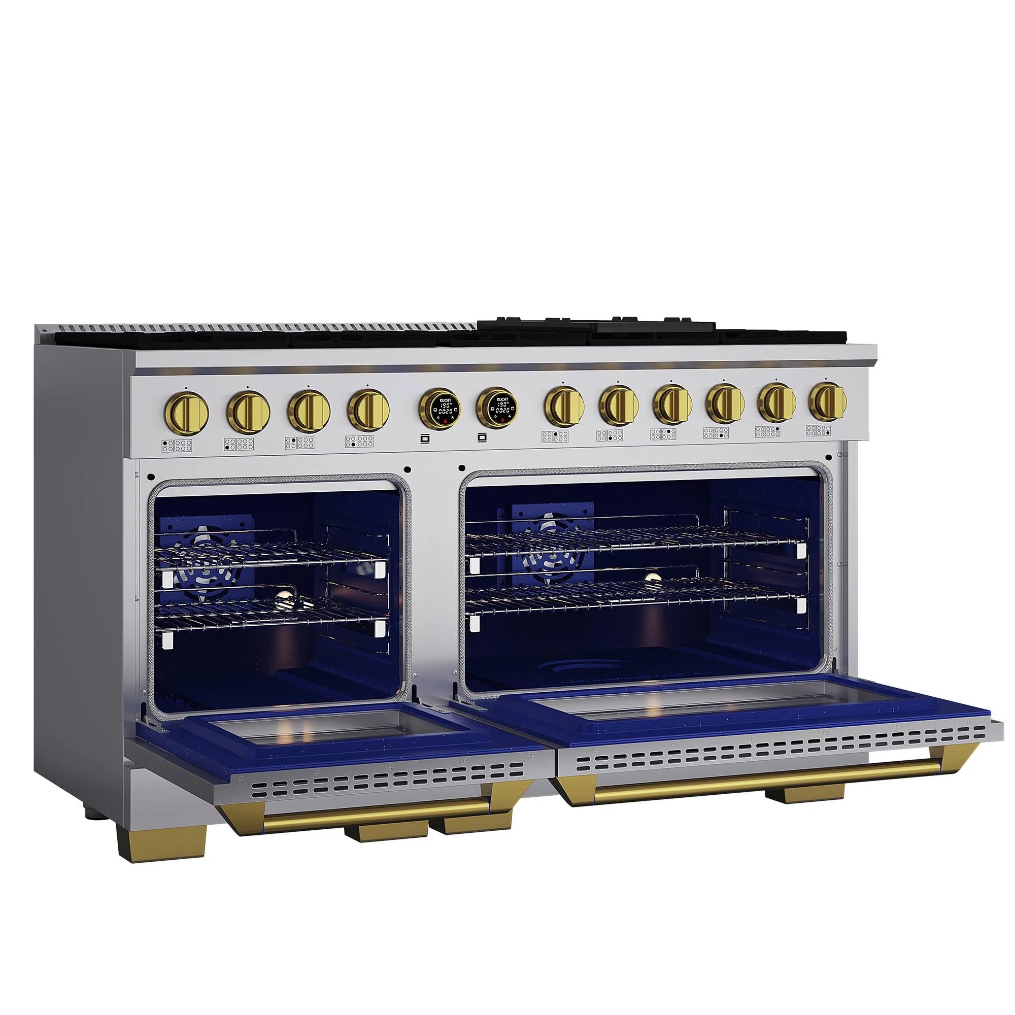 Dual fuel range with two open oven doors, gold trim, and row of gold burner knobs