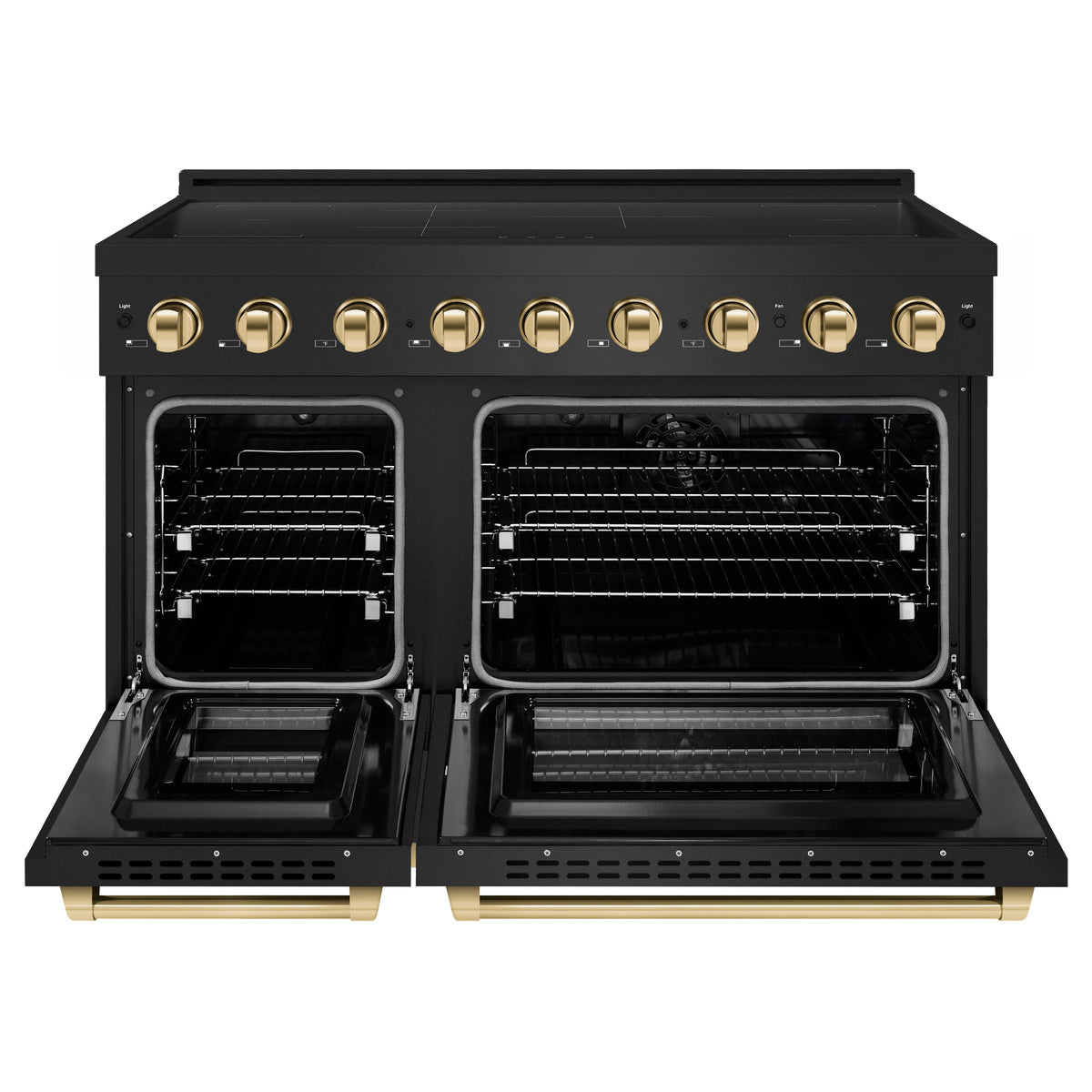 ZLINE Autograph Edition 48-Inch Paramount Induction Range with 7 Element Cooktop and 6.7 Cu. Ft. Electric Double Oven in Black Stainless Steel with Polished Gold Accents (SINRBZ-48-G)