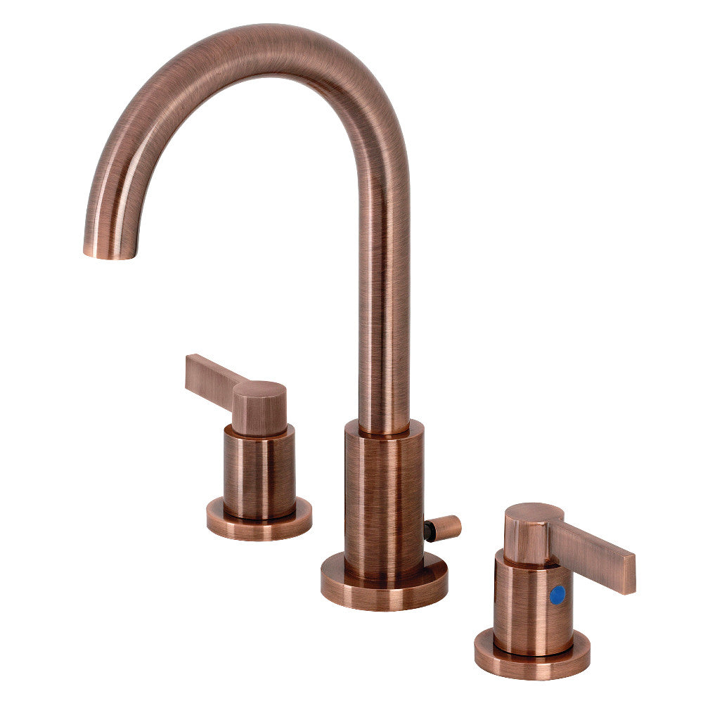Antique copper widespread bathroom faucet with curved spout and matching handles