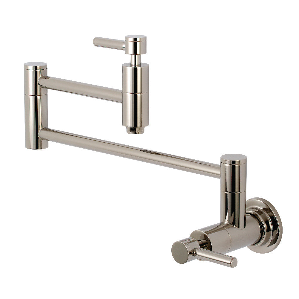 Polished nickel wall-mount pot filler faucet with long horizontal spout and lever