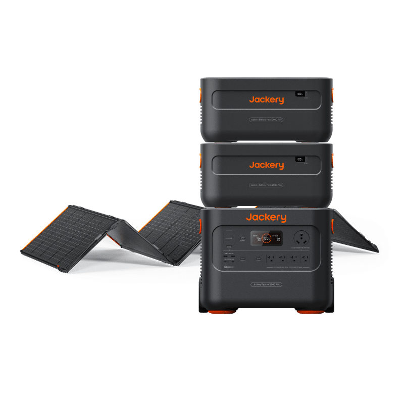 Jackery portable power station with two foldable solar panels and stacked units