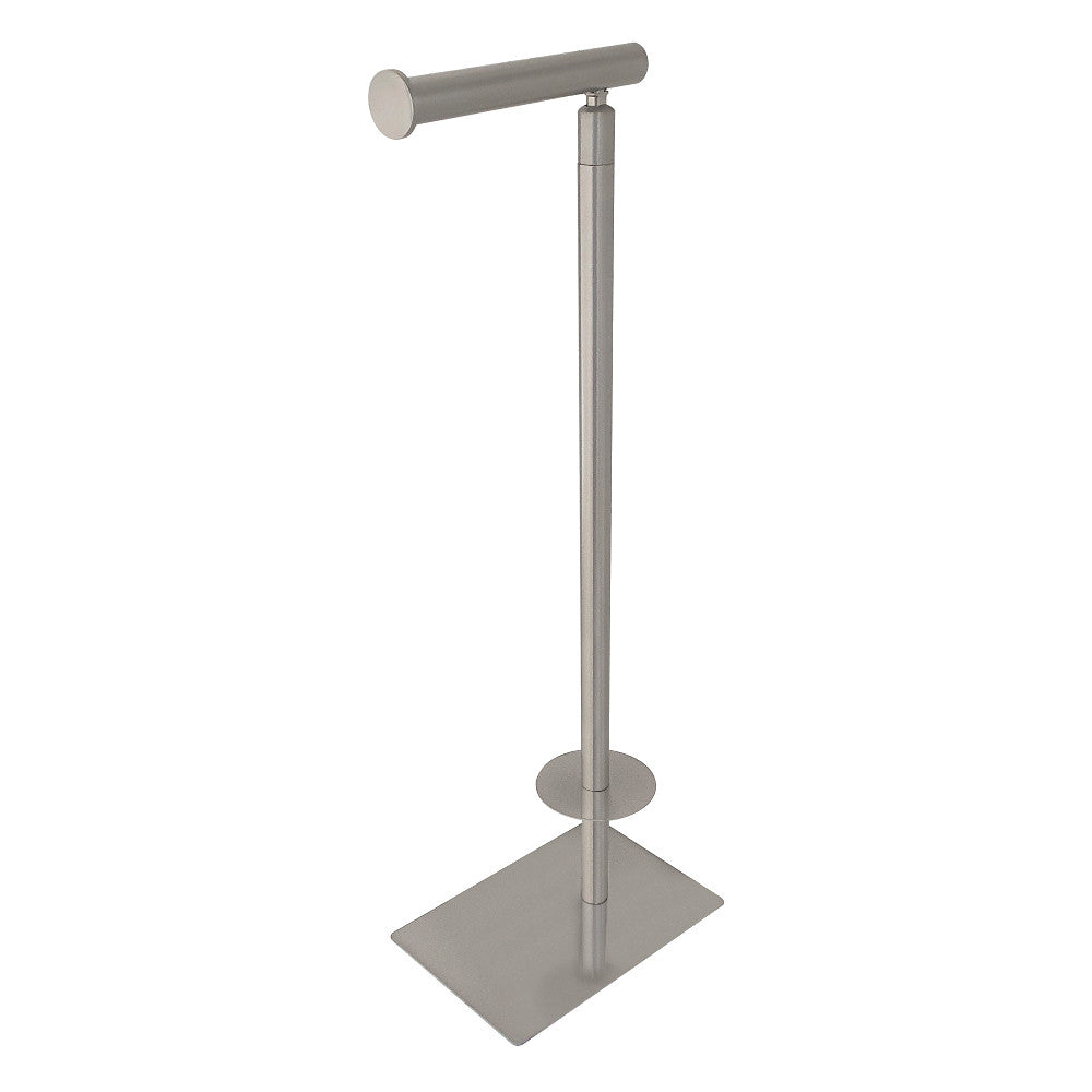 Freestanding toilet paper holder with brushed nickel base and horizontal rod