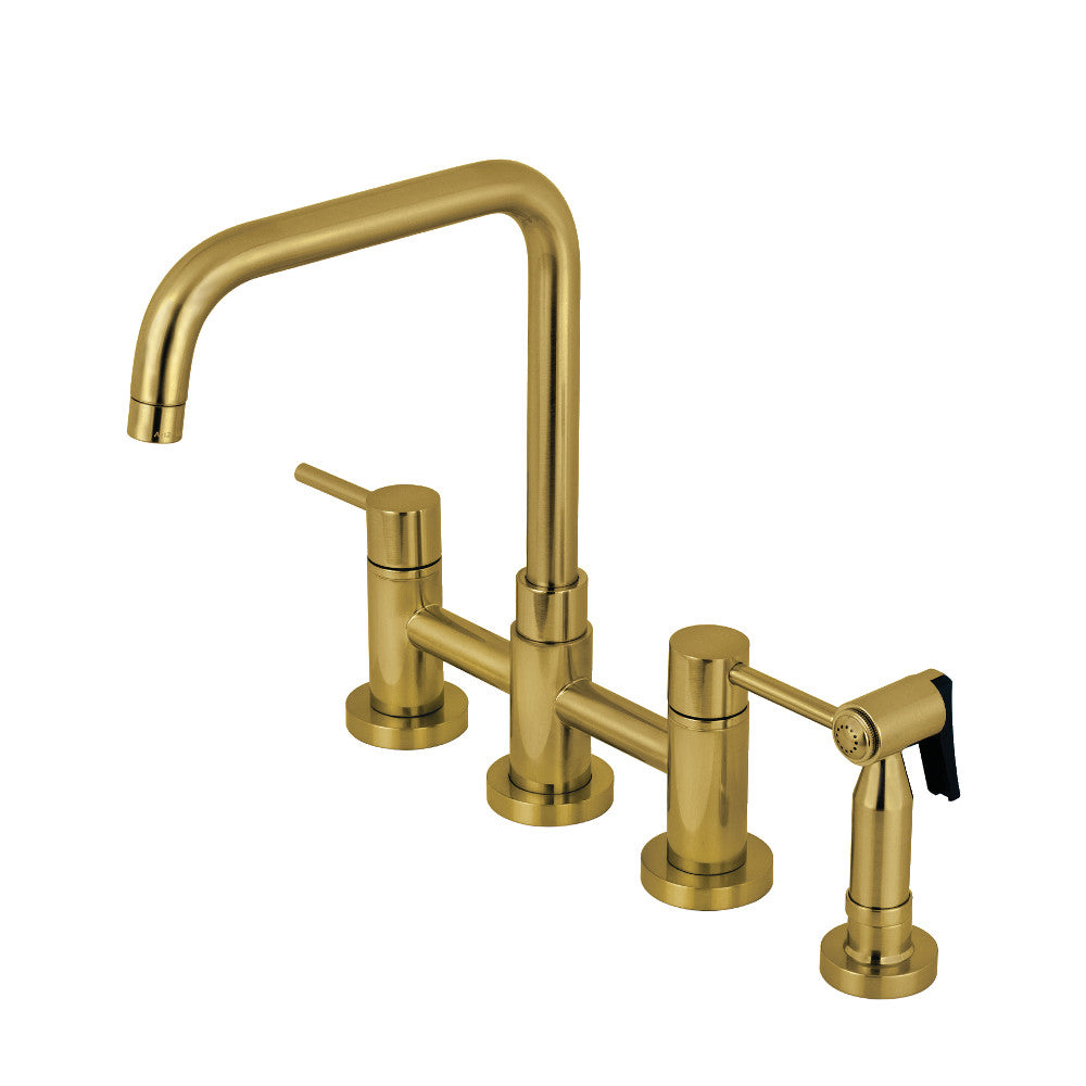 Brushed brass bridge kitchen faucet with brass side sprayer, three-piece design