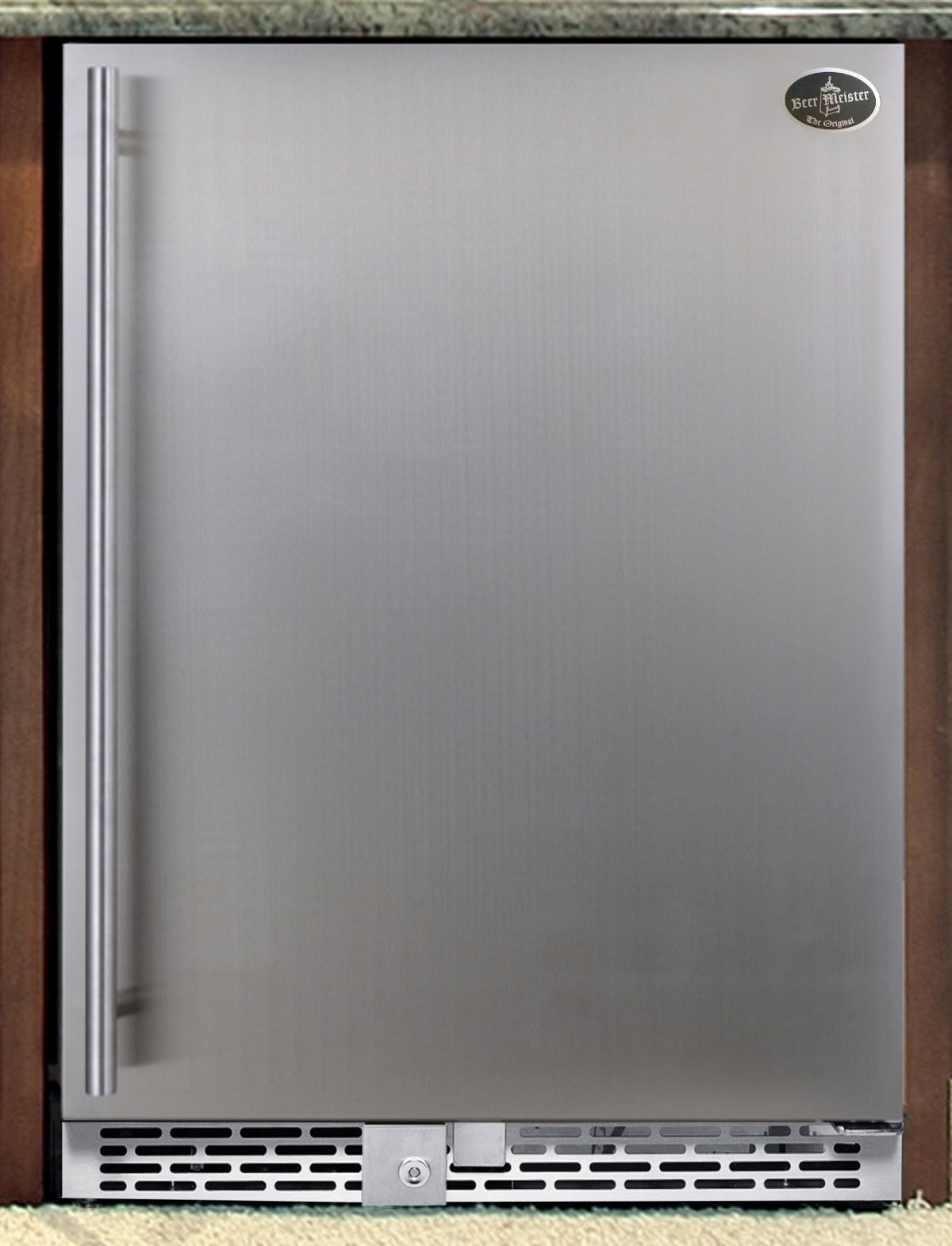 Stainless beer refrigerator door with side handle and bottom ventilation grille