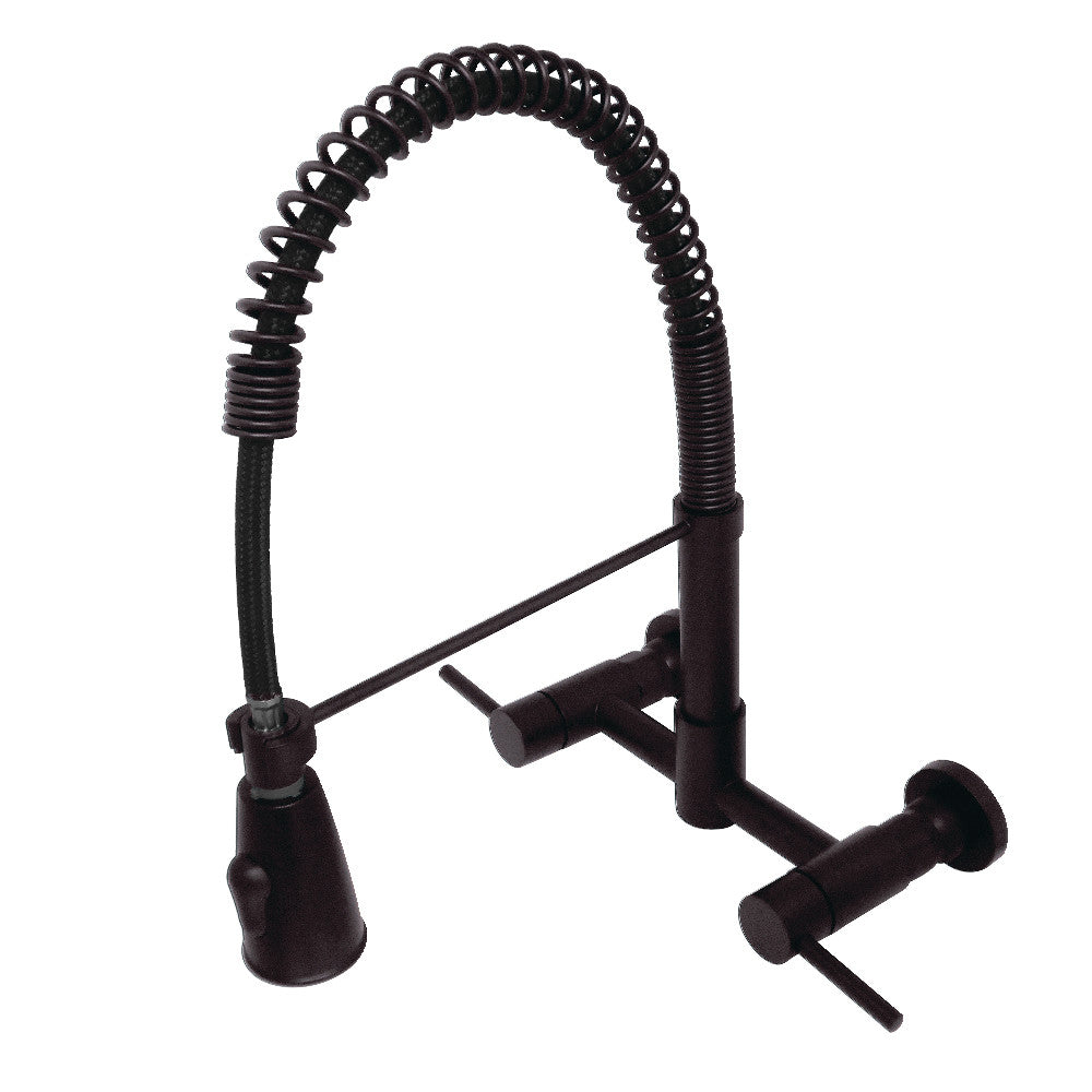 Oil-rubbed bronze wall-mount pre-rinse faucet with double handles and spring hose