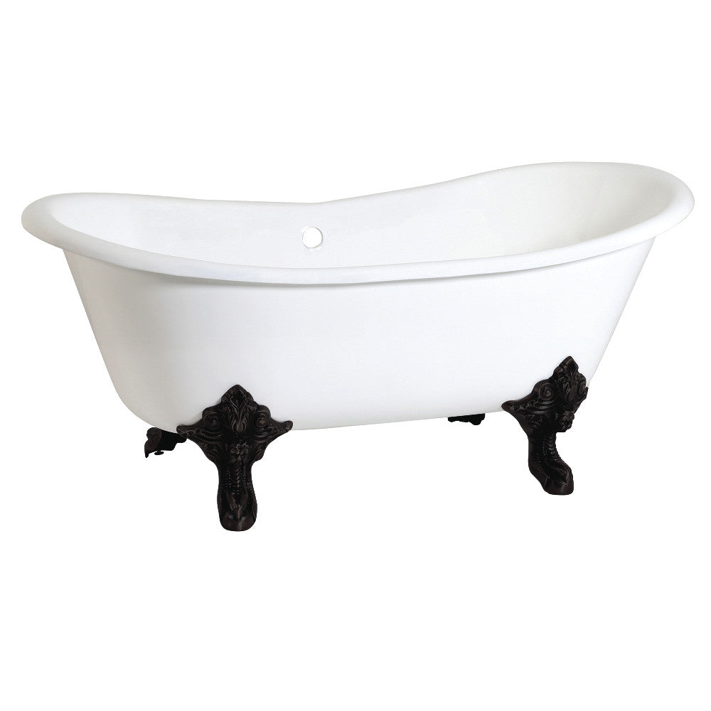 White oval cast iron slipper tub with matte black claw feet