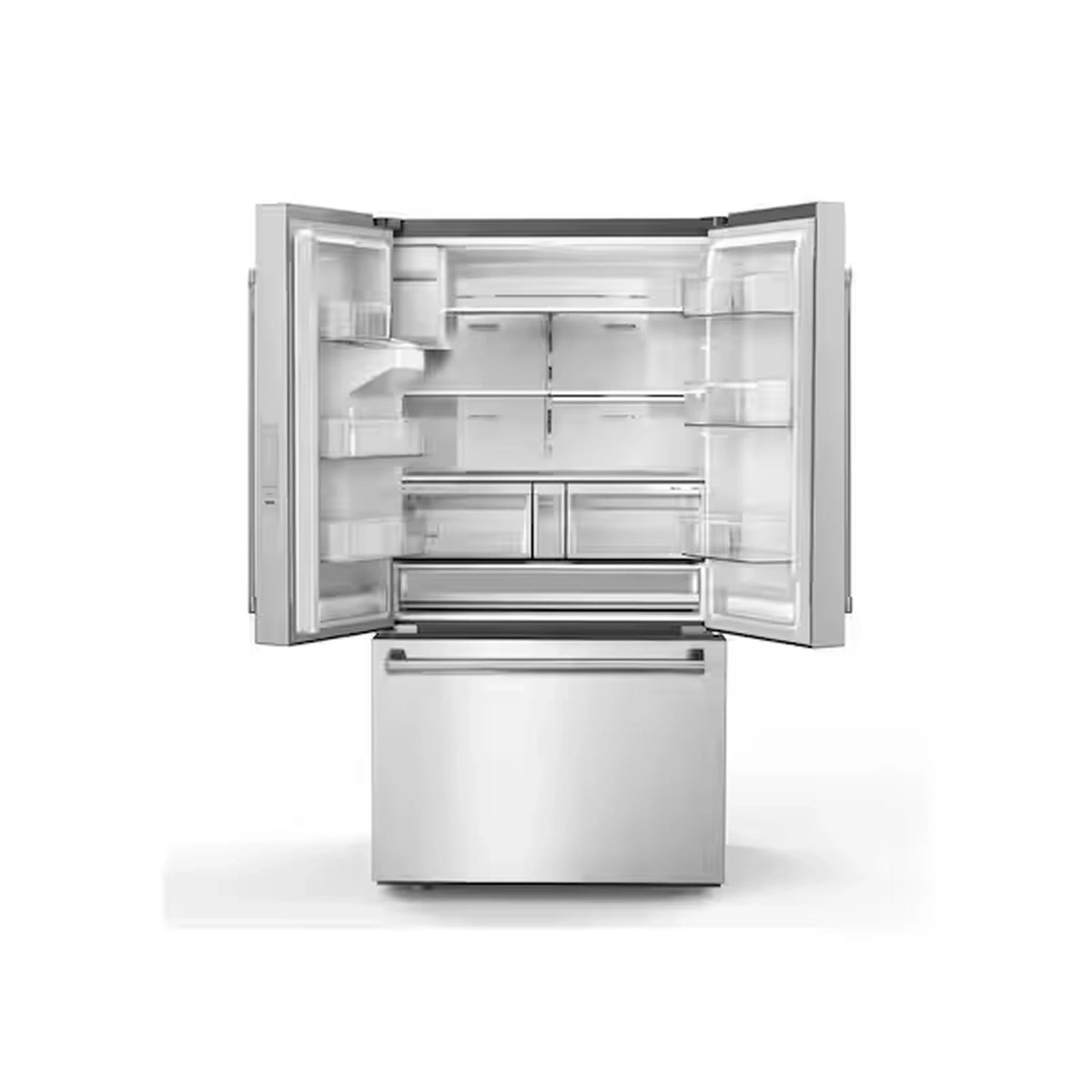 Open stainless steel refrigerator door with shelves and interior bins