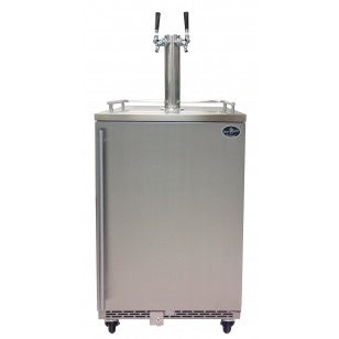 Stainless steel dual-tower beer refrigerator, front view with two faucets on riser