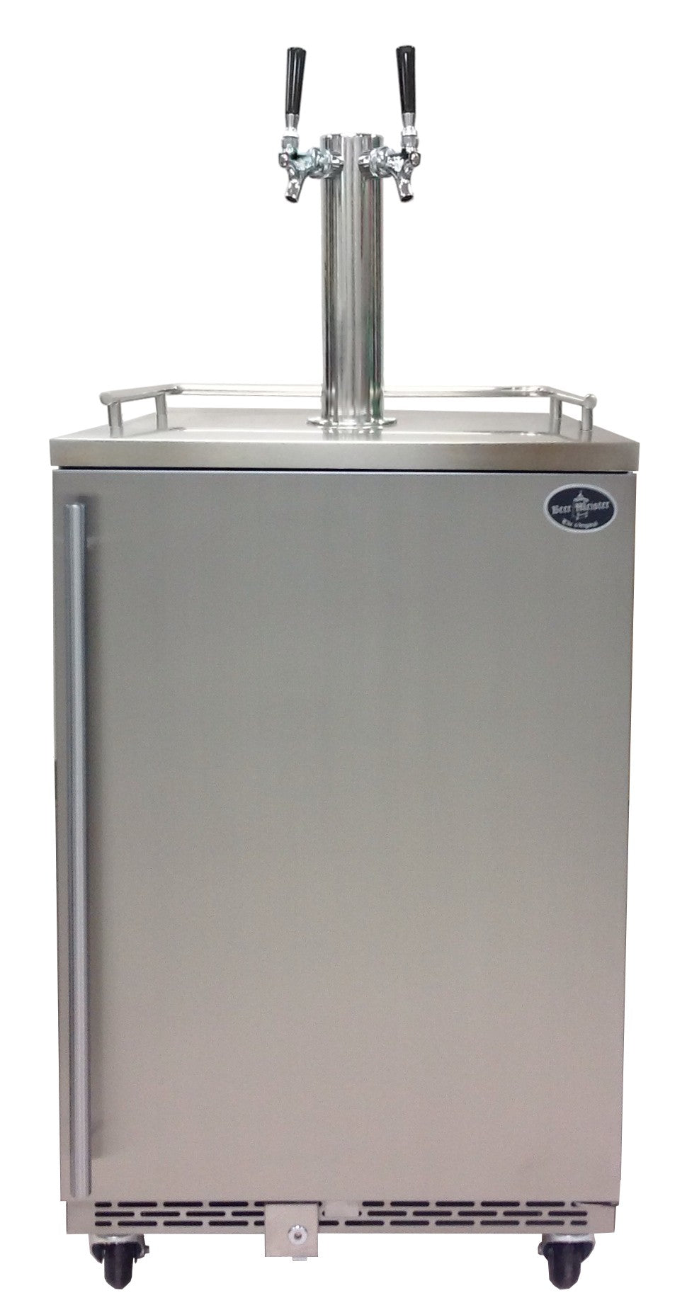 Stainless steel dual-tower beer refrigerator with two chrome faucets on top