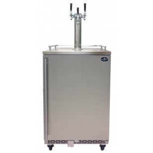 Stainless triple-tap beer refrigerator front view with faucet tower