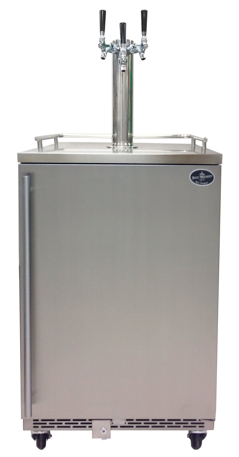 Stainless beer refrigerator with triple-tap tower and faucet handles