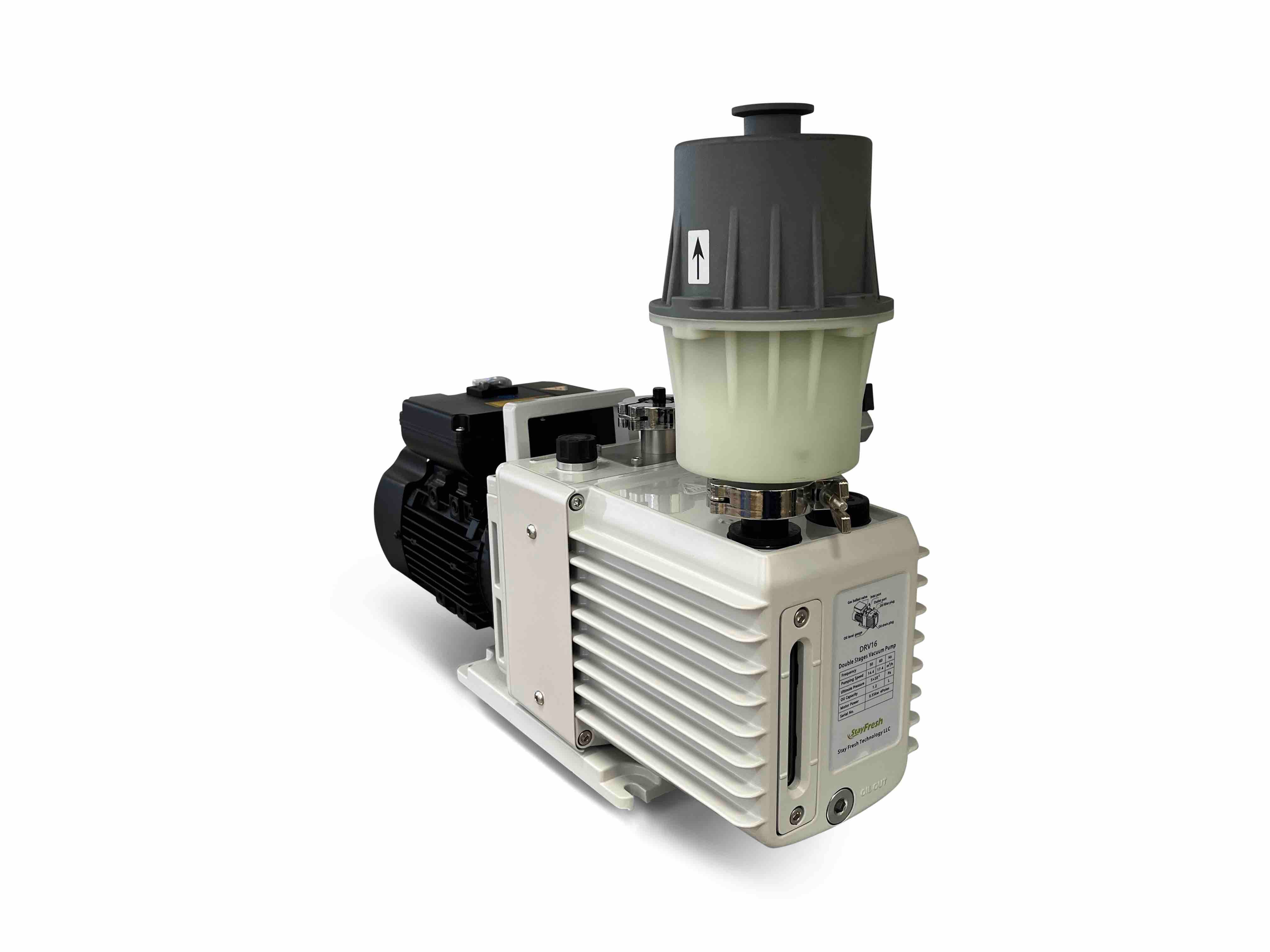 Commercial oil vacuum pump with motor and ribbed vented housing, oil reservoir on top