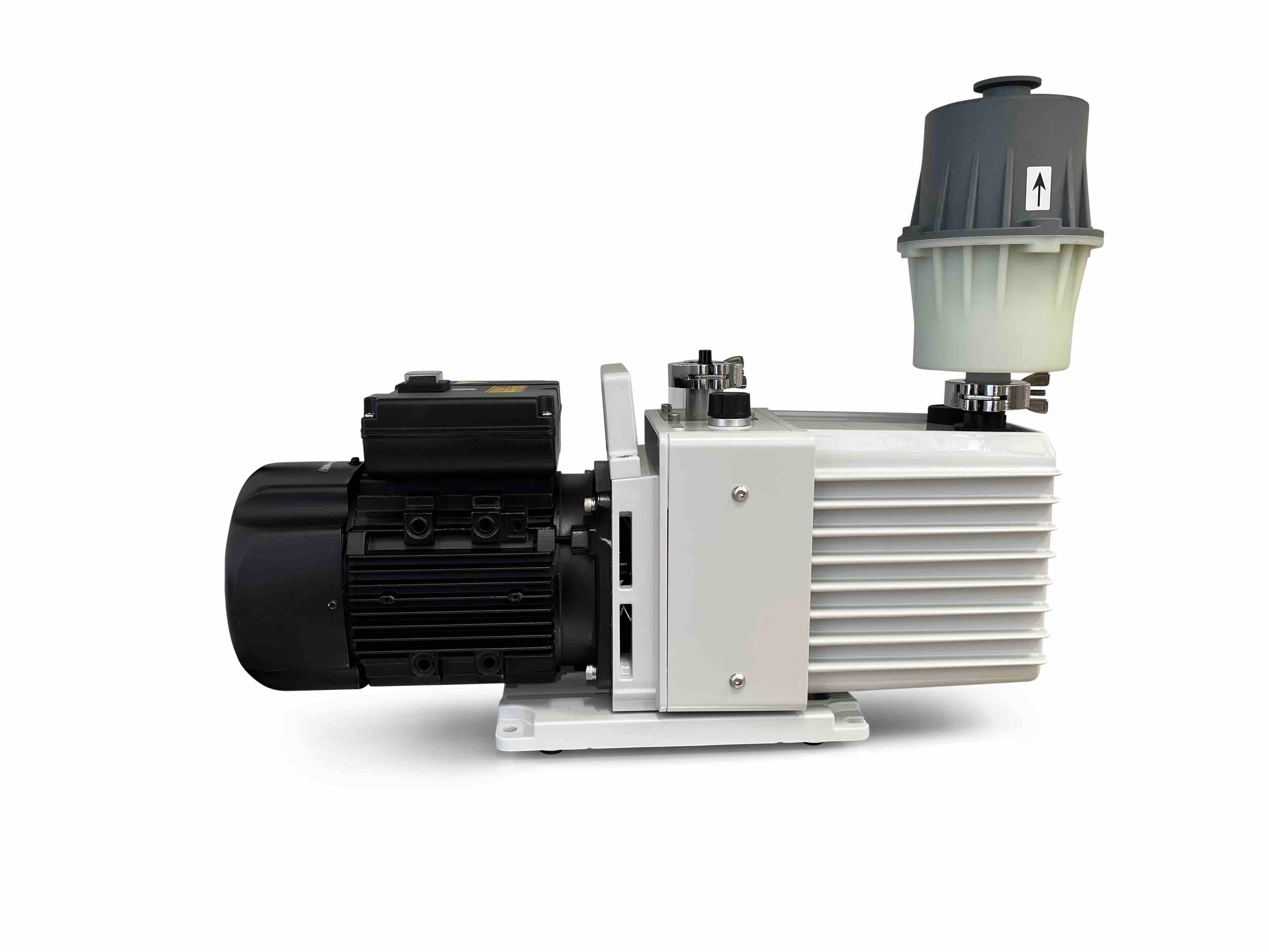 Commercial oil vacuum pump side view with black motor housing and ribbed unit
