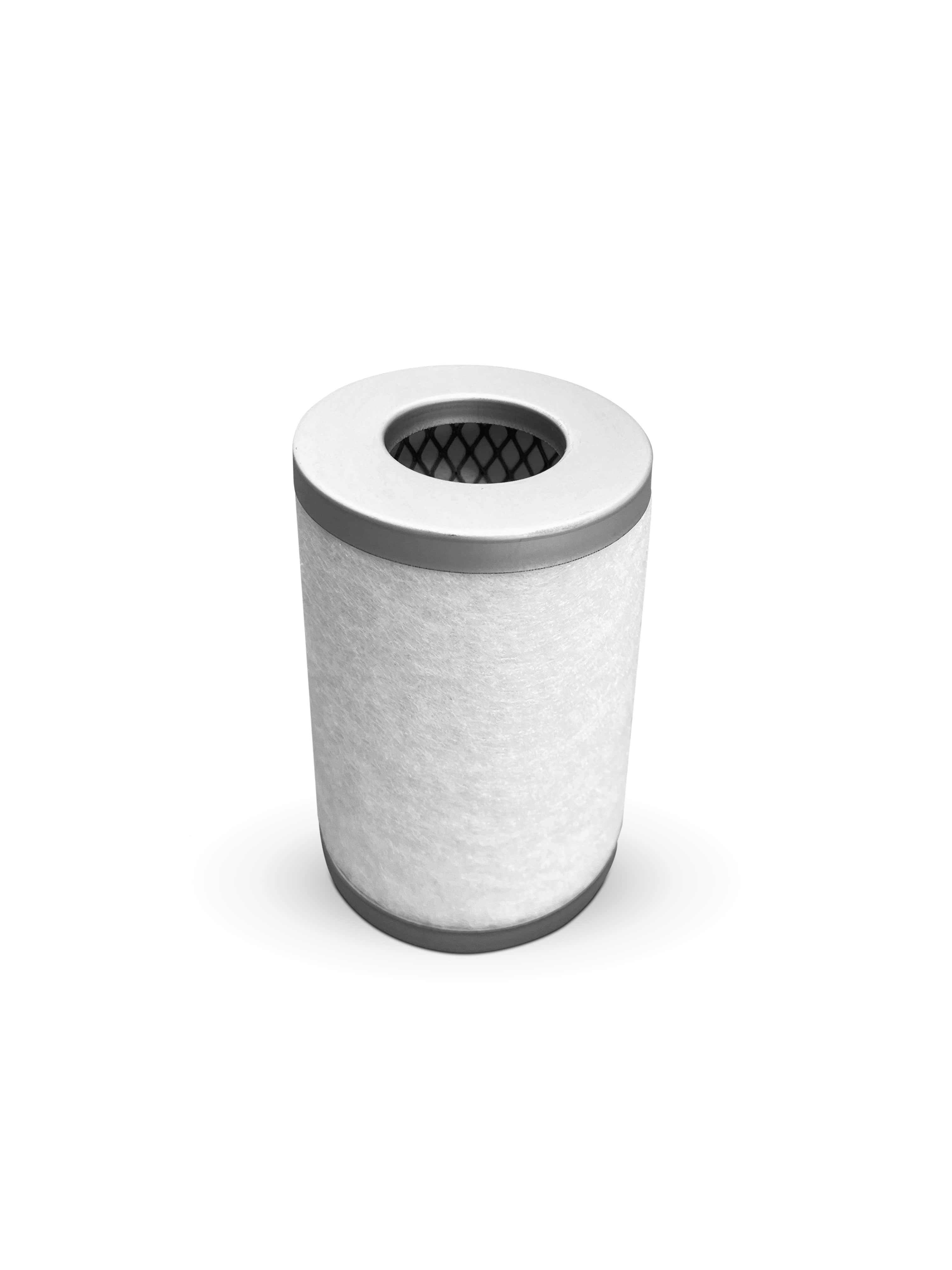 Pump demister filter cartridge, gray felt cylinder with black top mesh opening