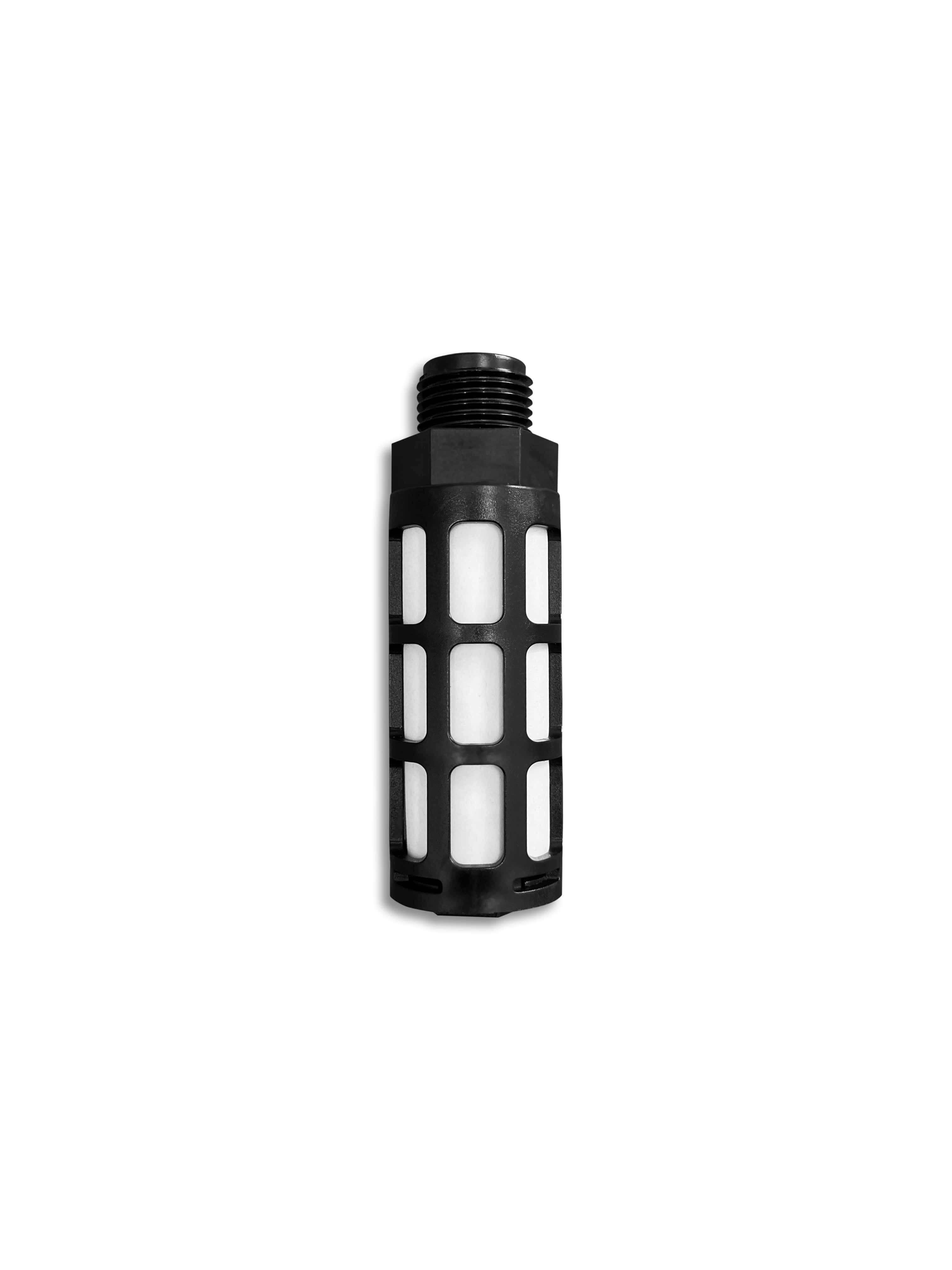 Air filter cartridge with black threaded top and white grid openings