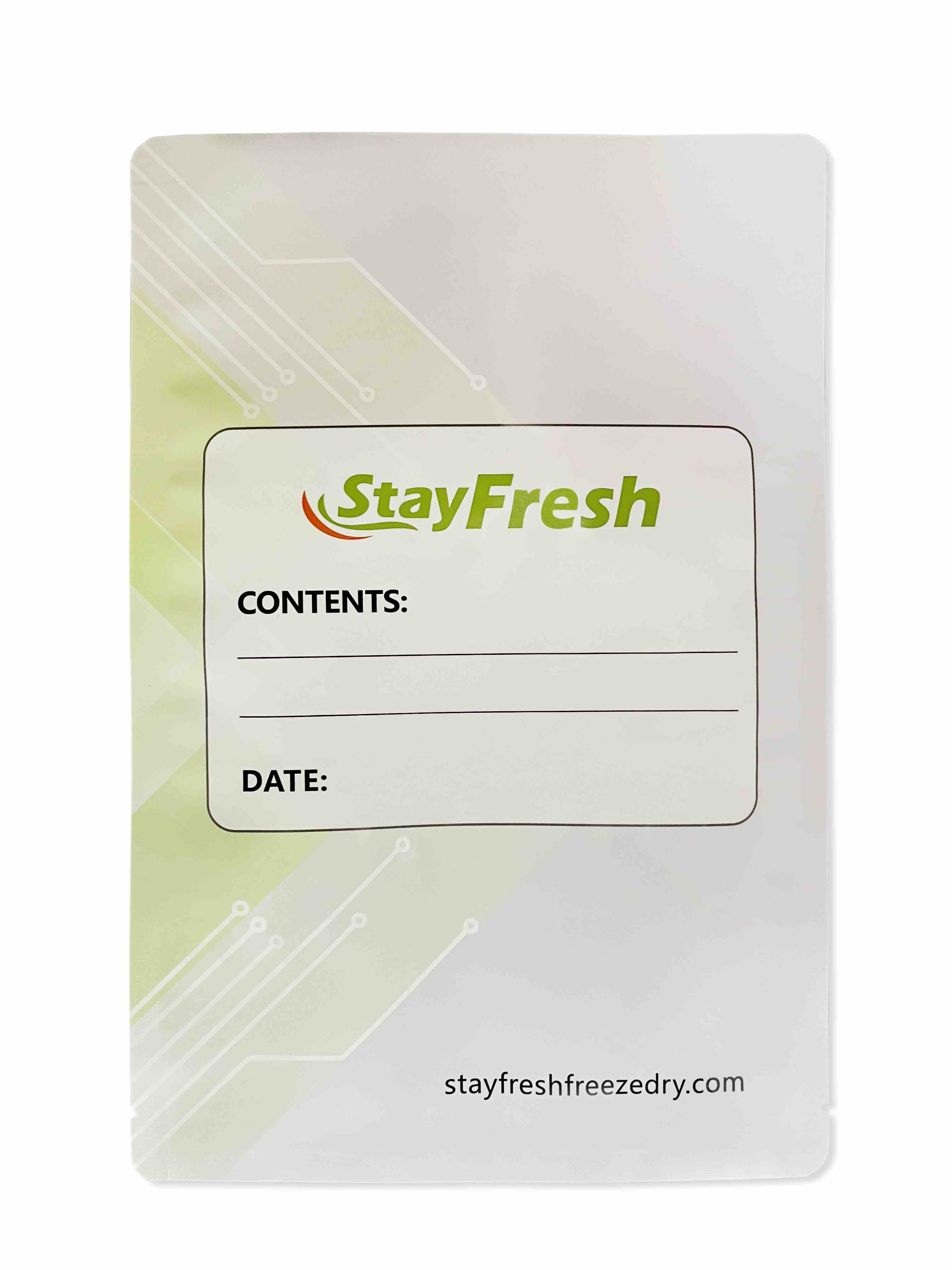 Mylar food storage bag with StayFresh logo and label fields