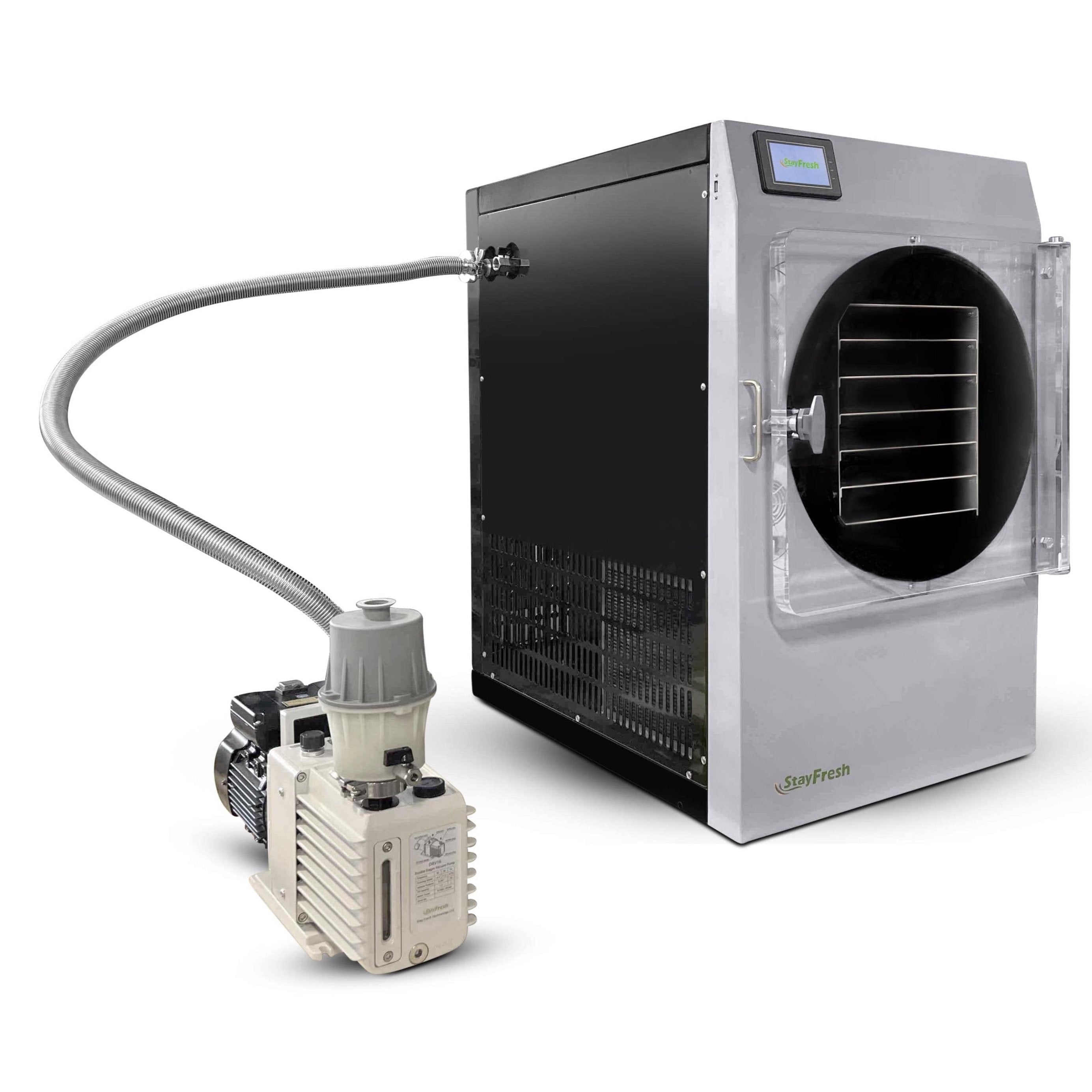Stainless freeze dryer with front drying chamber and connected commercial pump hose