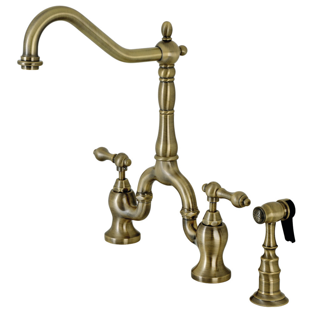 Antique brass bridge kitchen faucet with side sprayer and three-piece handle set