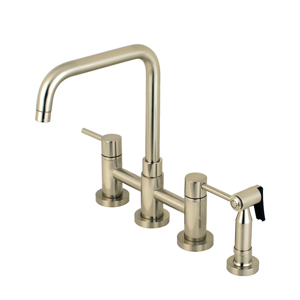 Brushed nickel kitchen faucet with side sprayer and three control handles