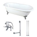 Kingston Brass Aqua Eden 66" Cast Iron Oval Double Ended Clawfoot Tub with Faucet Drain and Supply Lines Combo, White/Polished Chrome (KCT7D663013C1)
