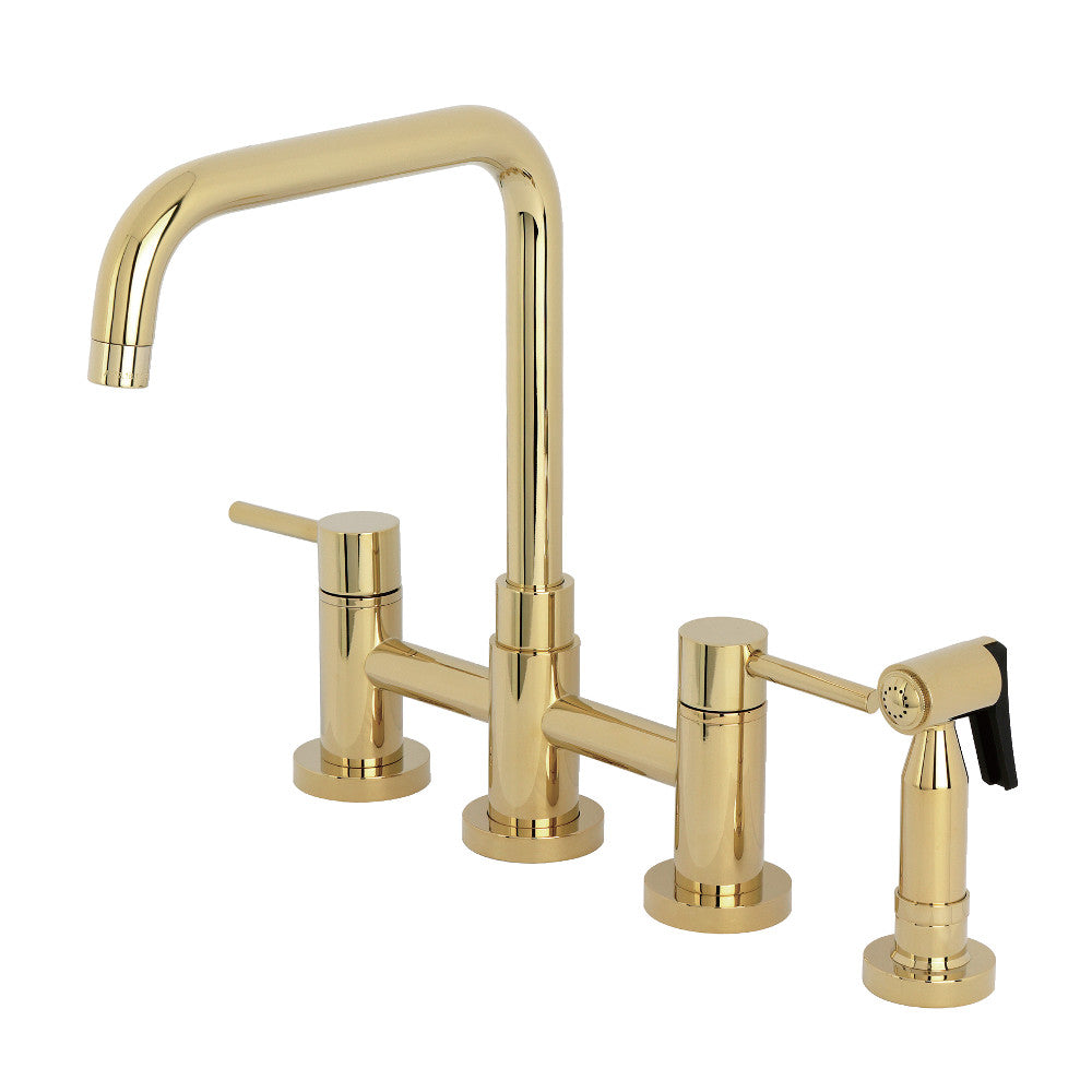 Polished brass bridge kitchen faucet with gooseneck spout, deck handles, and side sprayer