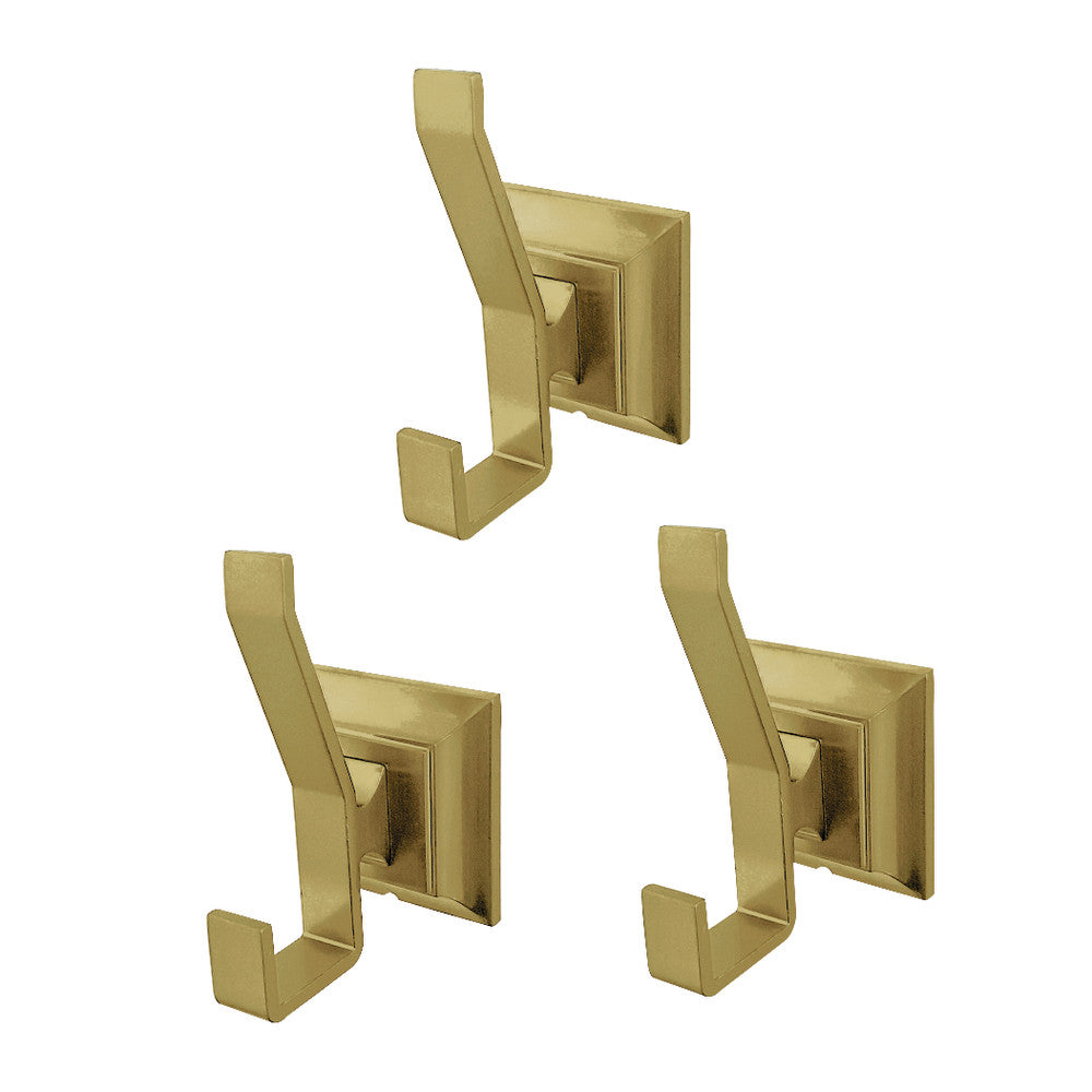 Brushed brass triple robe towel hooks with square backplate, Monarch style