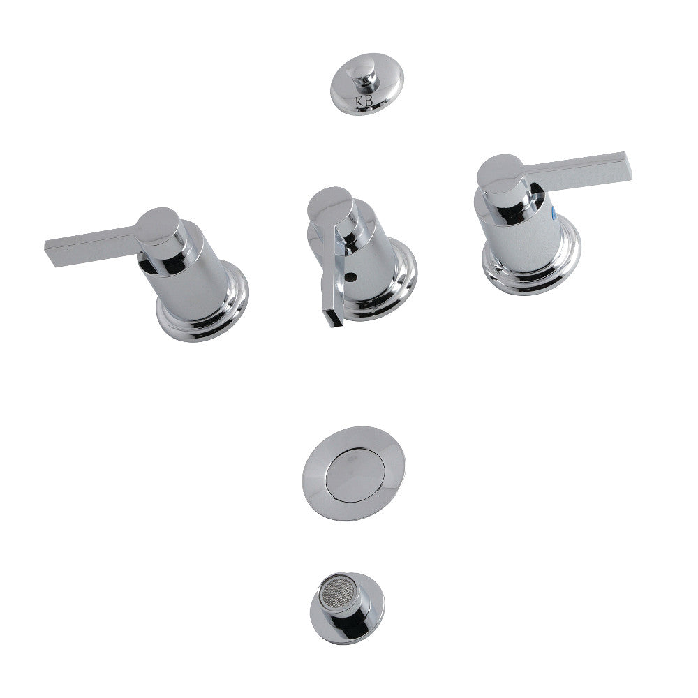 Polished chrome three-handle bidet faucet set with pop-up and matching escutcheon