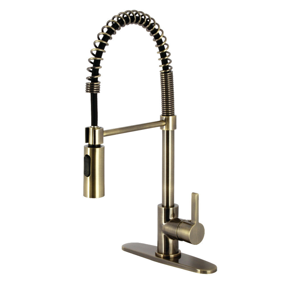 Antique brass deck-mount pre-rinse kitchen faucet with single handle and spray hose