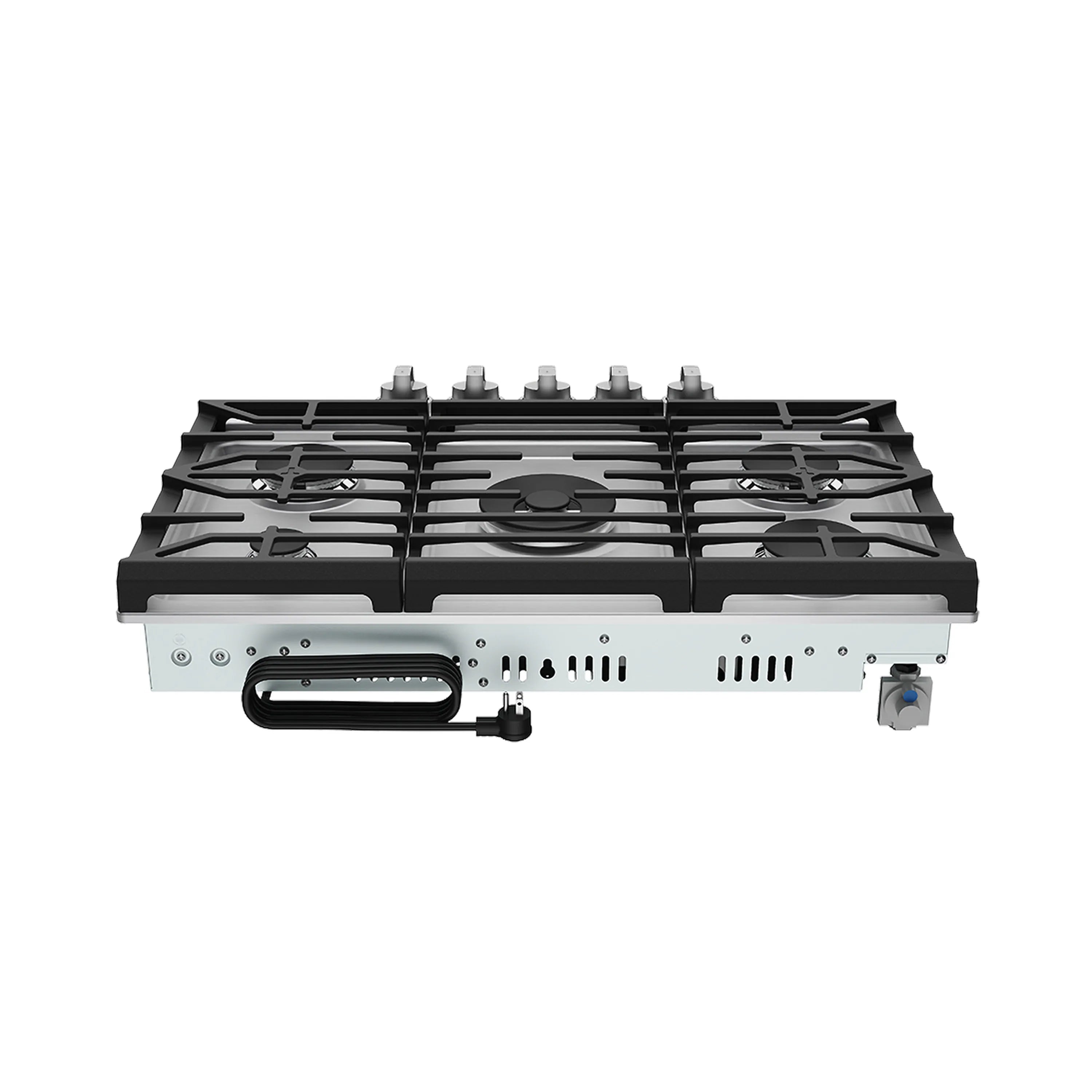 Gas cooktop burner grates with black burners and stainless base front panel