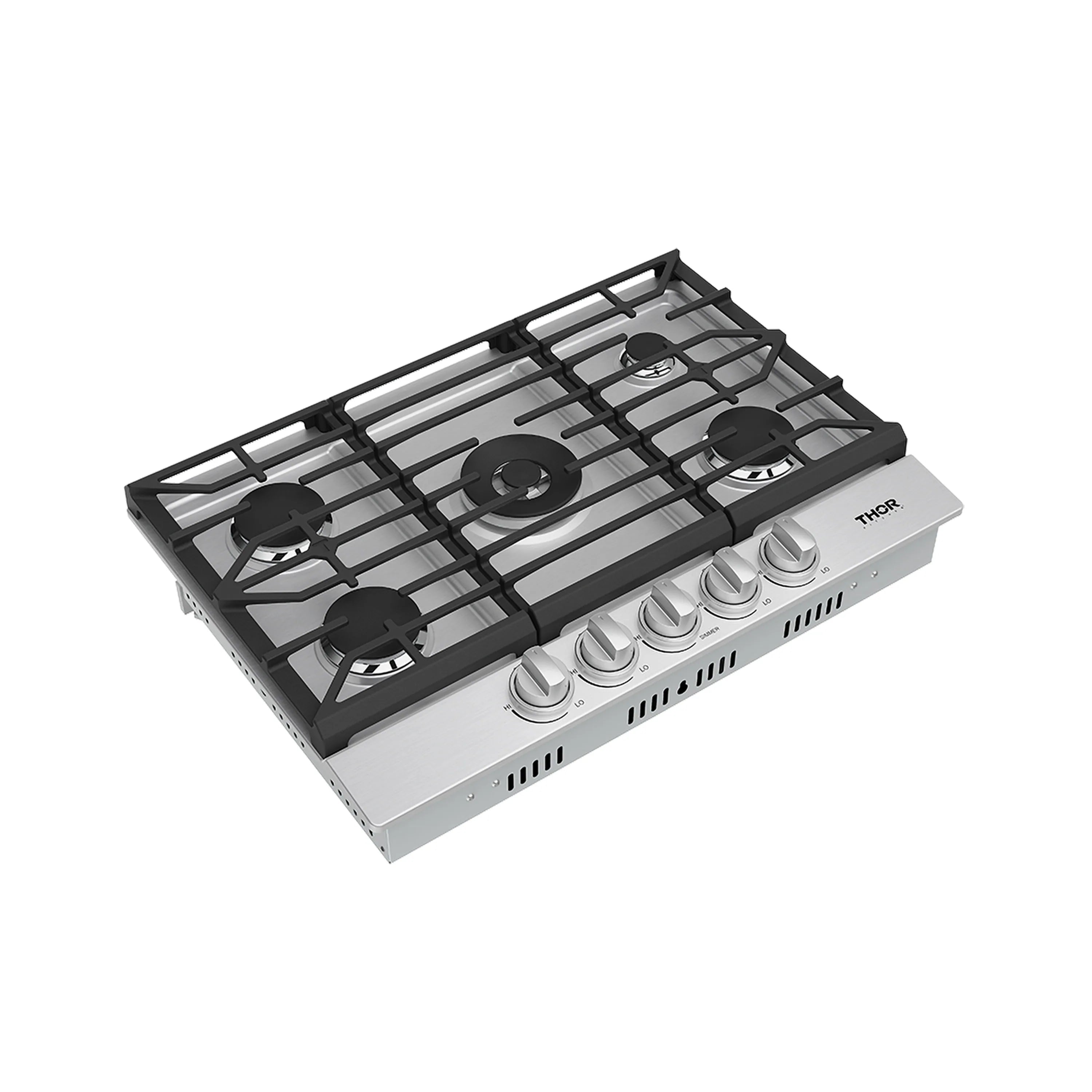 Black grate gas cooktop with five burners and stainless control panel with knobs