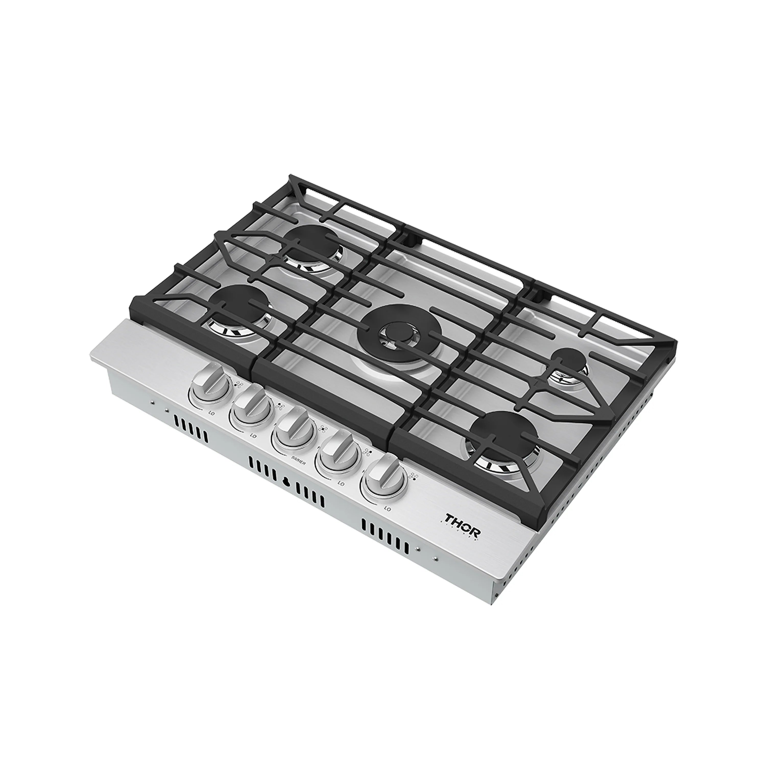 Five-burner gas cooktop with black cast-iron grates and stainless front control knobs