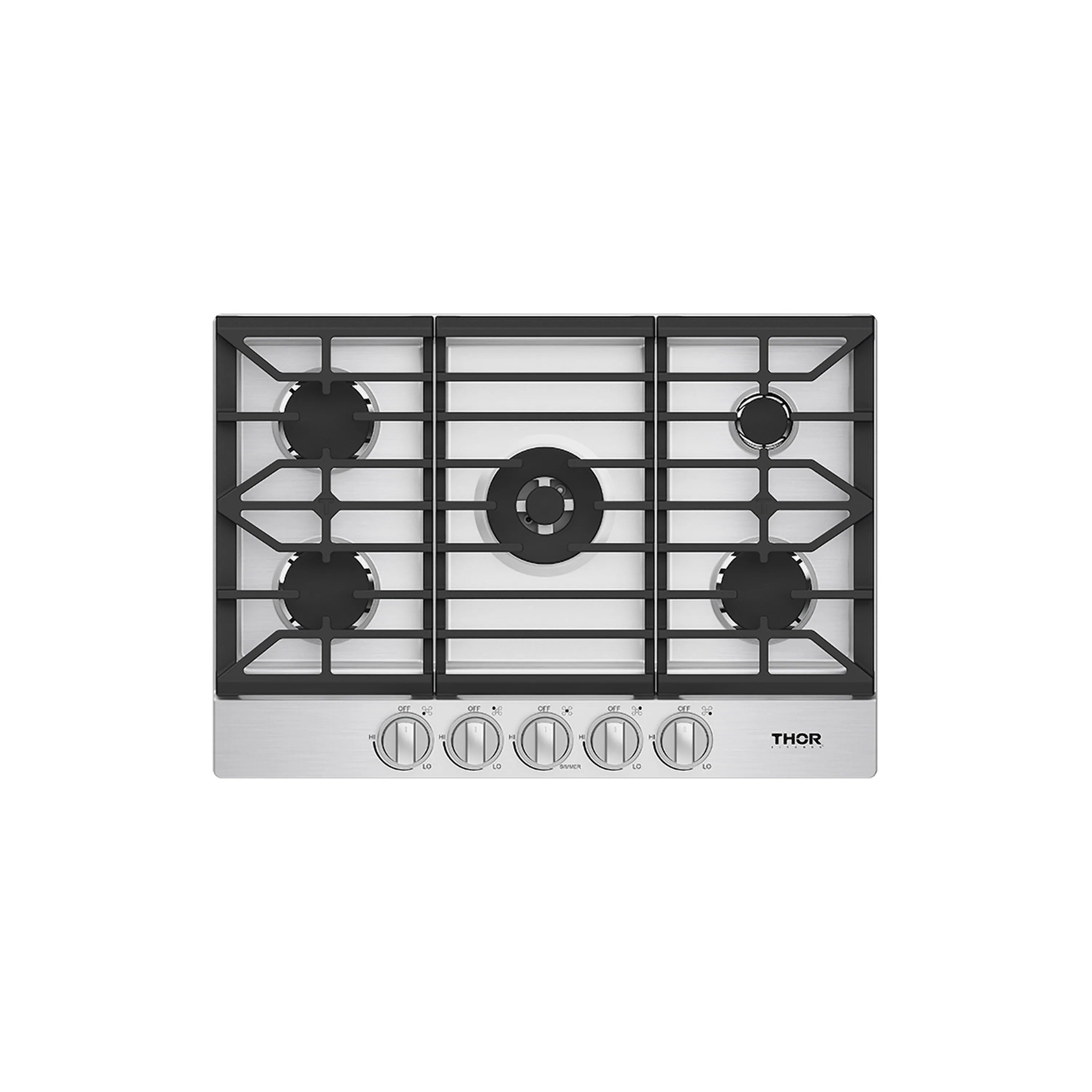 Stainless steel natural gas cooktop with black burner grates and five control knobs