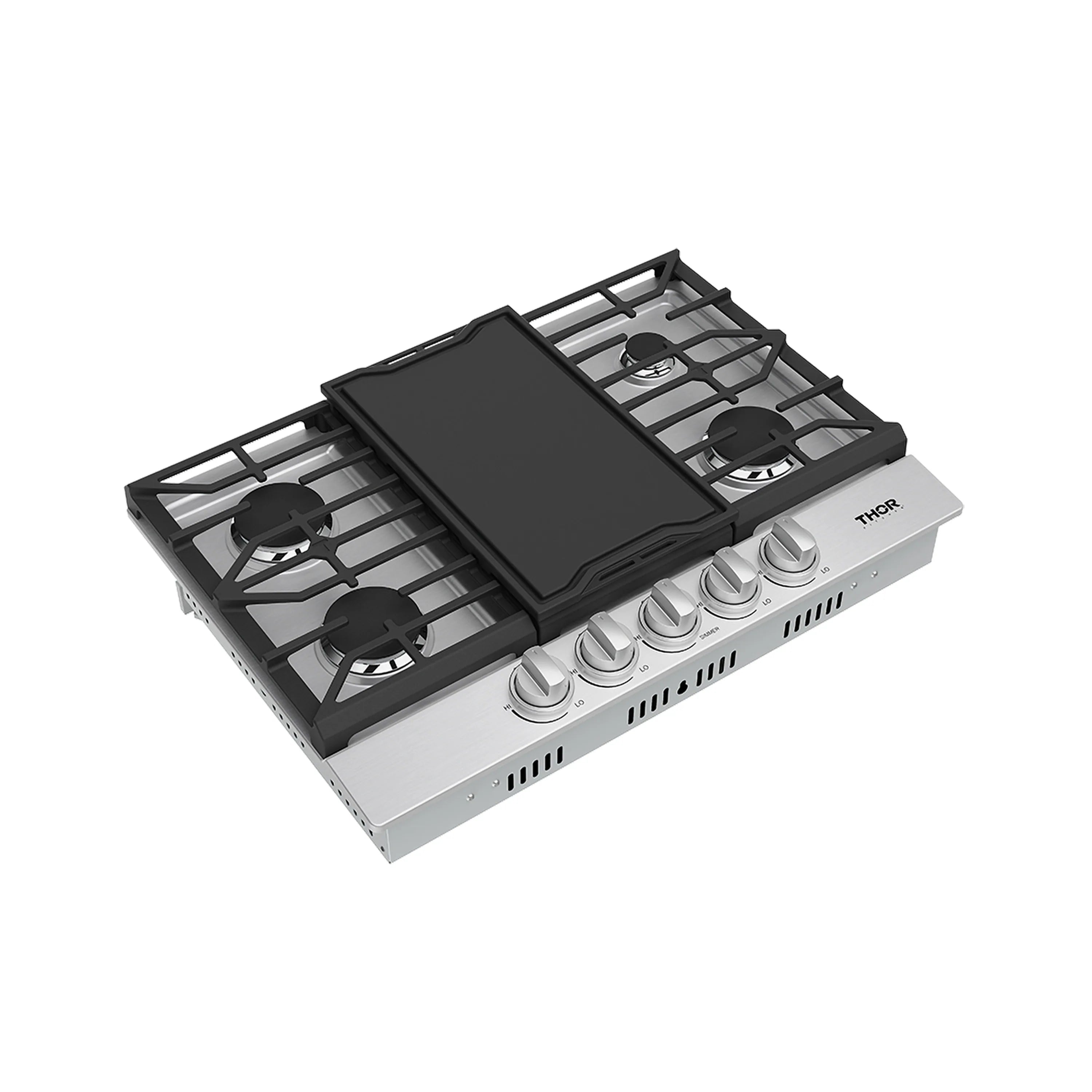 Stainless steel natural gas cooktop with open black griddle and four burners