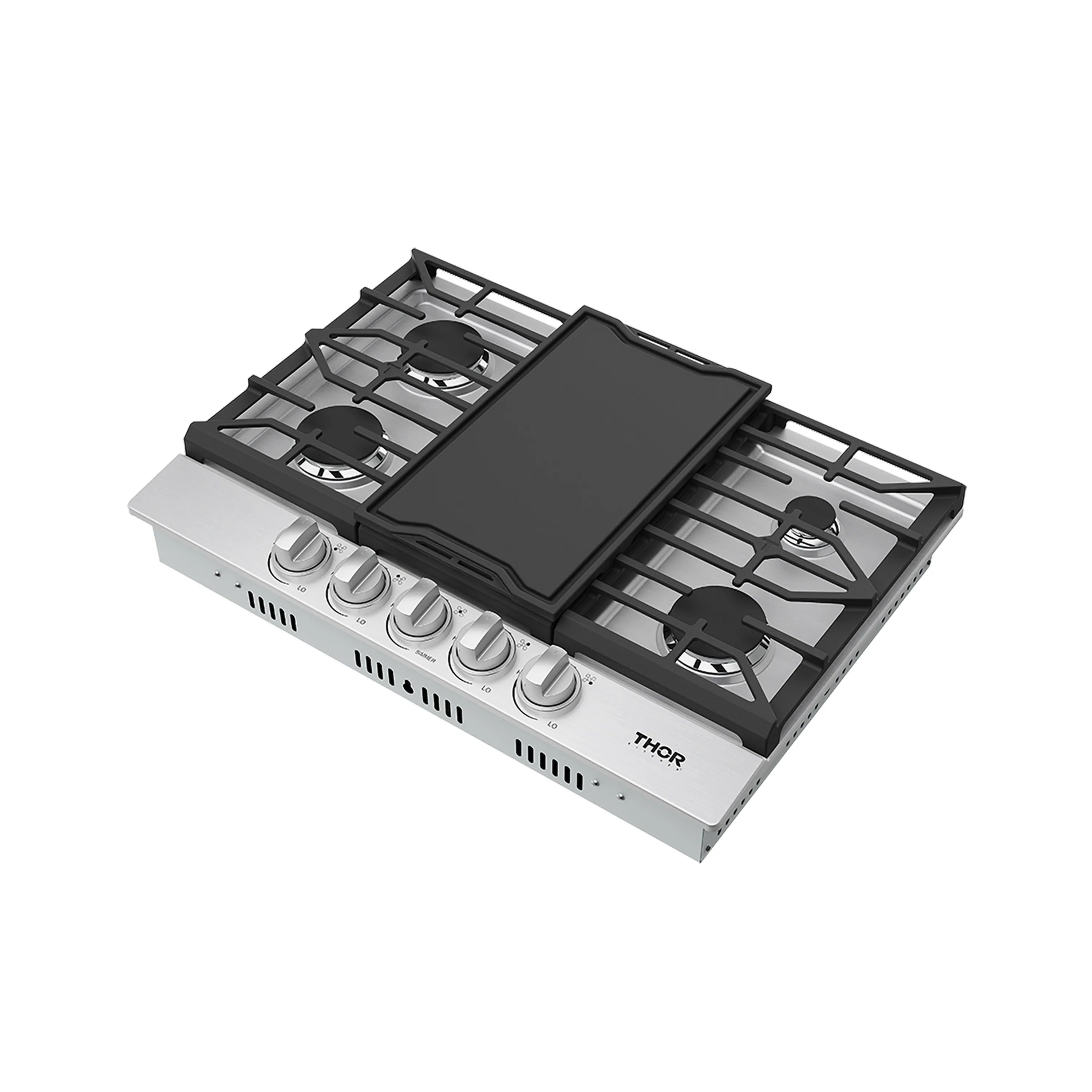 Stainless steel gas cooktop with black griddle lifted and burner grate layout