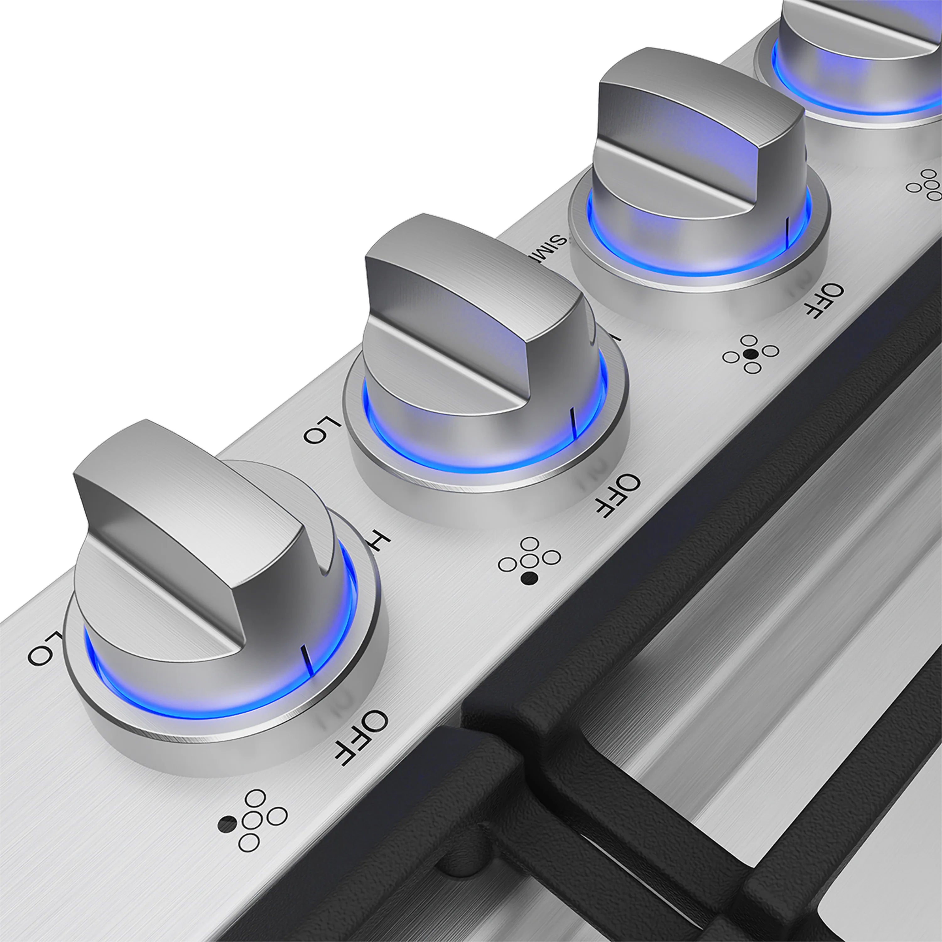 Close-up of stainless gas cooktop knobs with blue-lit indicator rings