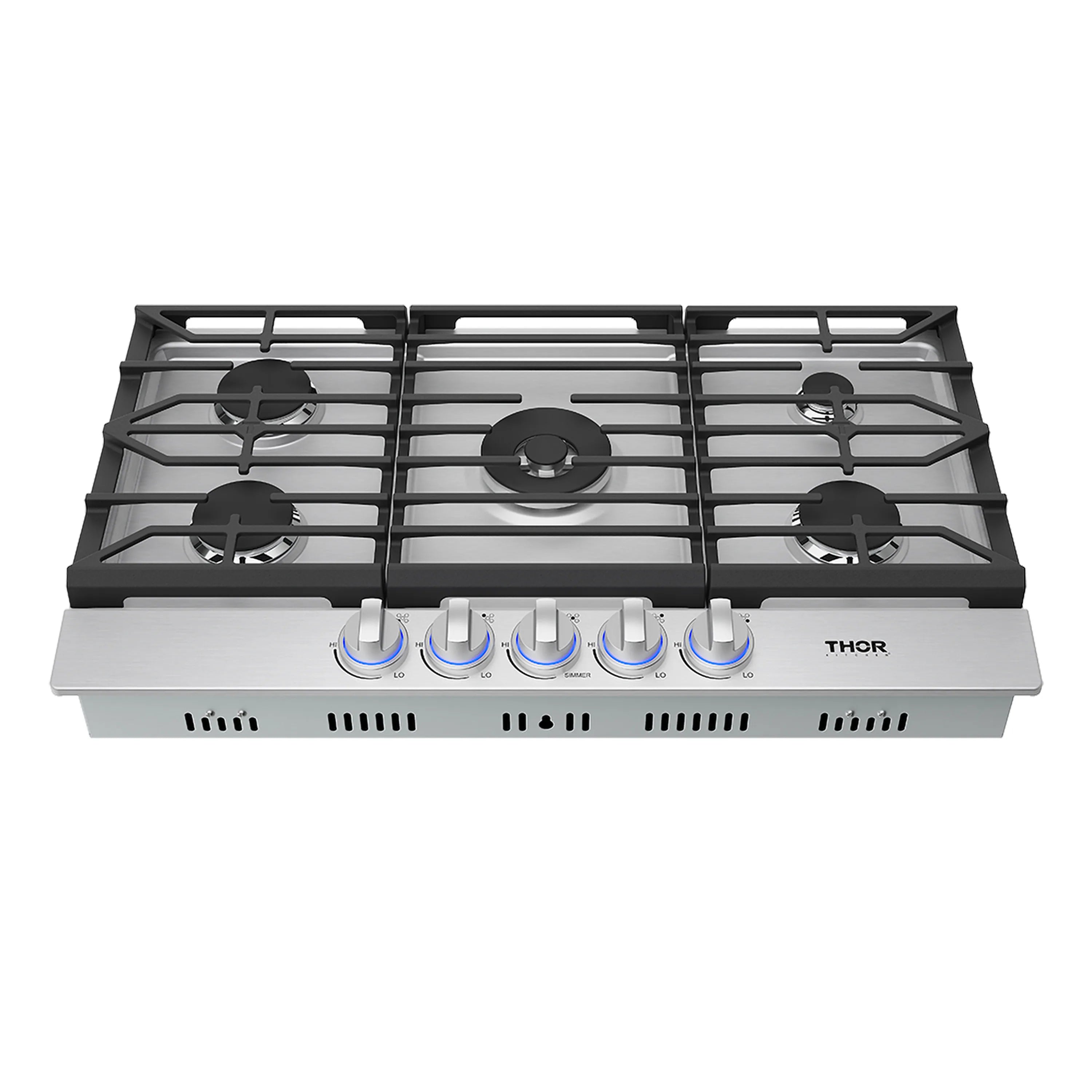 Stainless gas cooktop front view with five burners on black grates and control knobs.