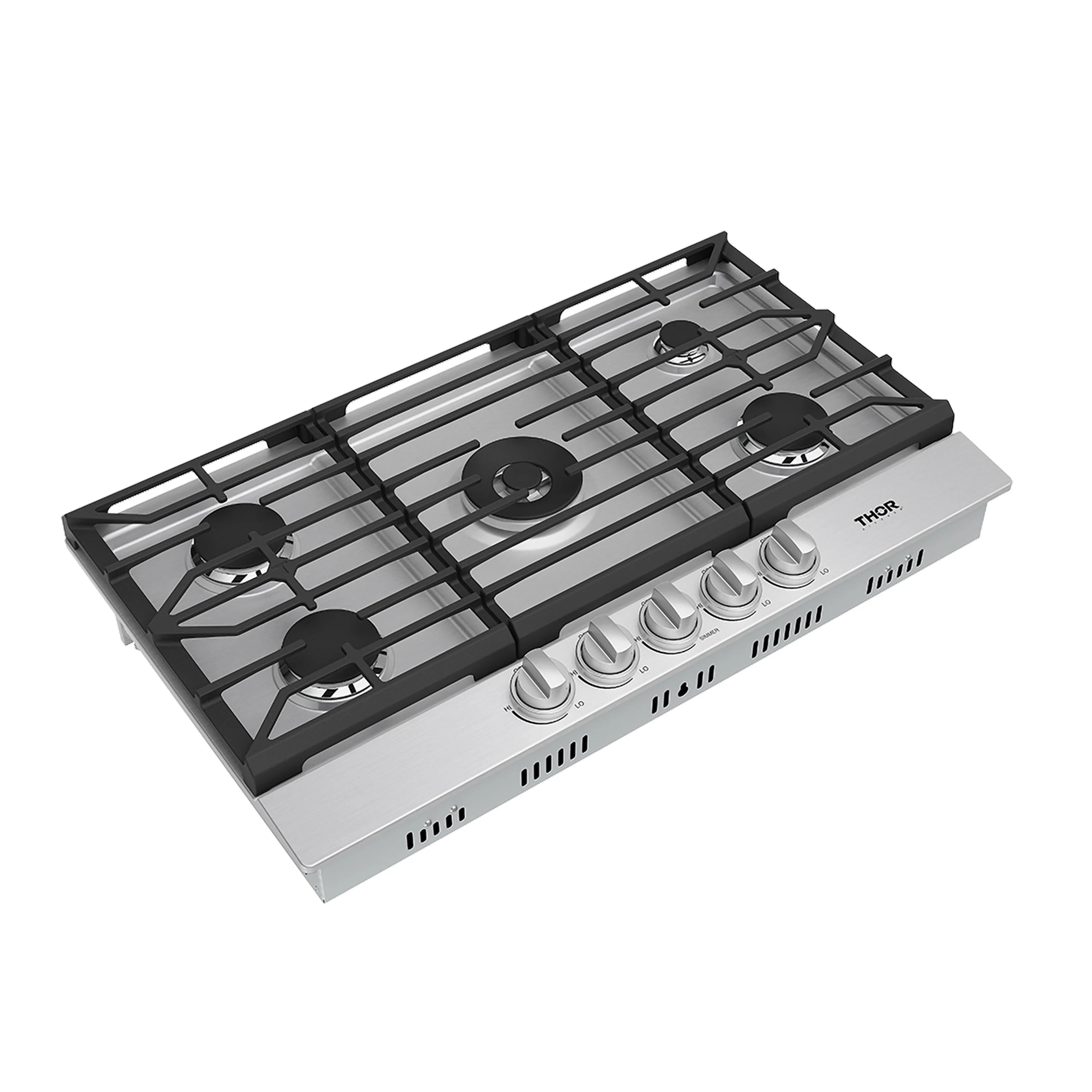 Angled view of stainless gas cooktop with five burners, black grates, and metal knobs.