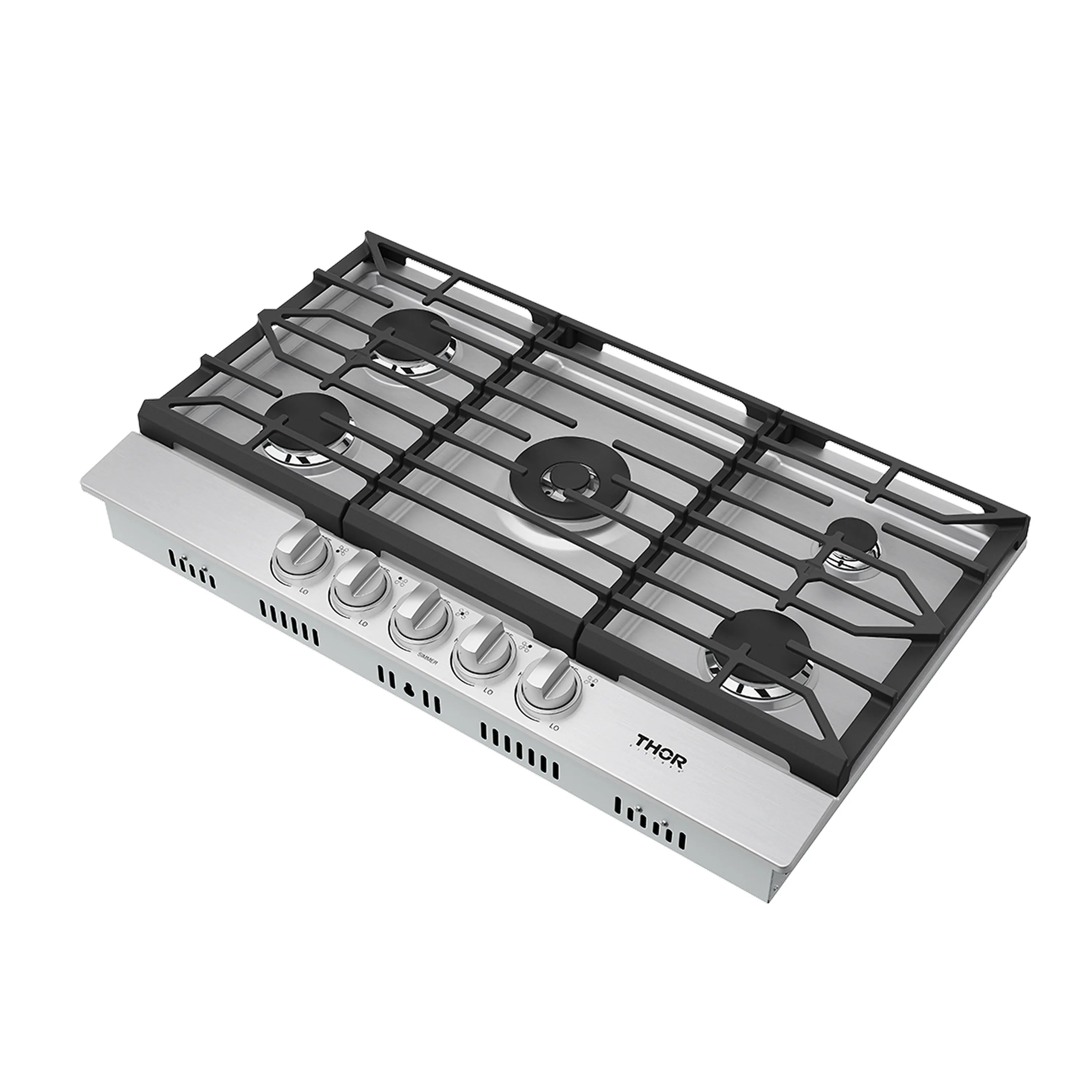 Slanted view of stainless gas cooktop with five burners, black grates, and knob controls.